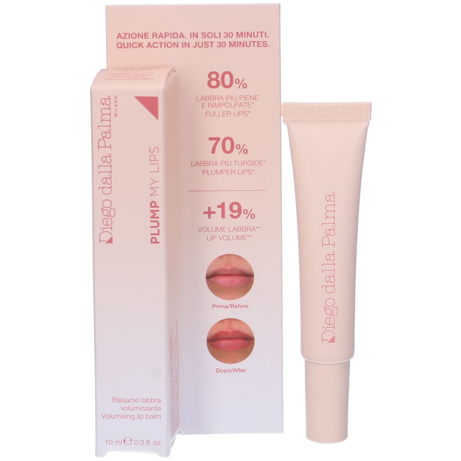 Confezione prodotto con tubo e pannello pubblicitario. Testo: PLUMP MY LIPS, 10 ml.