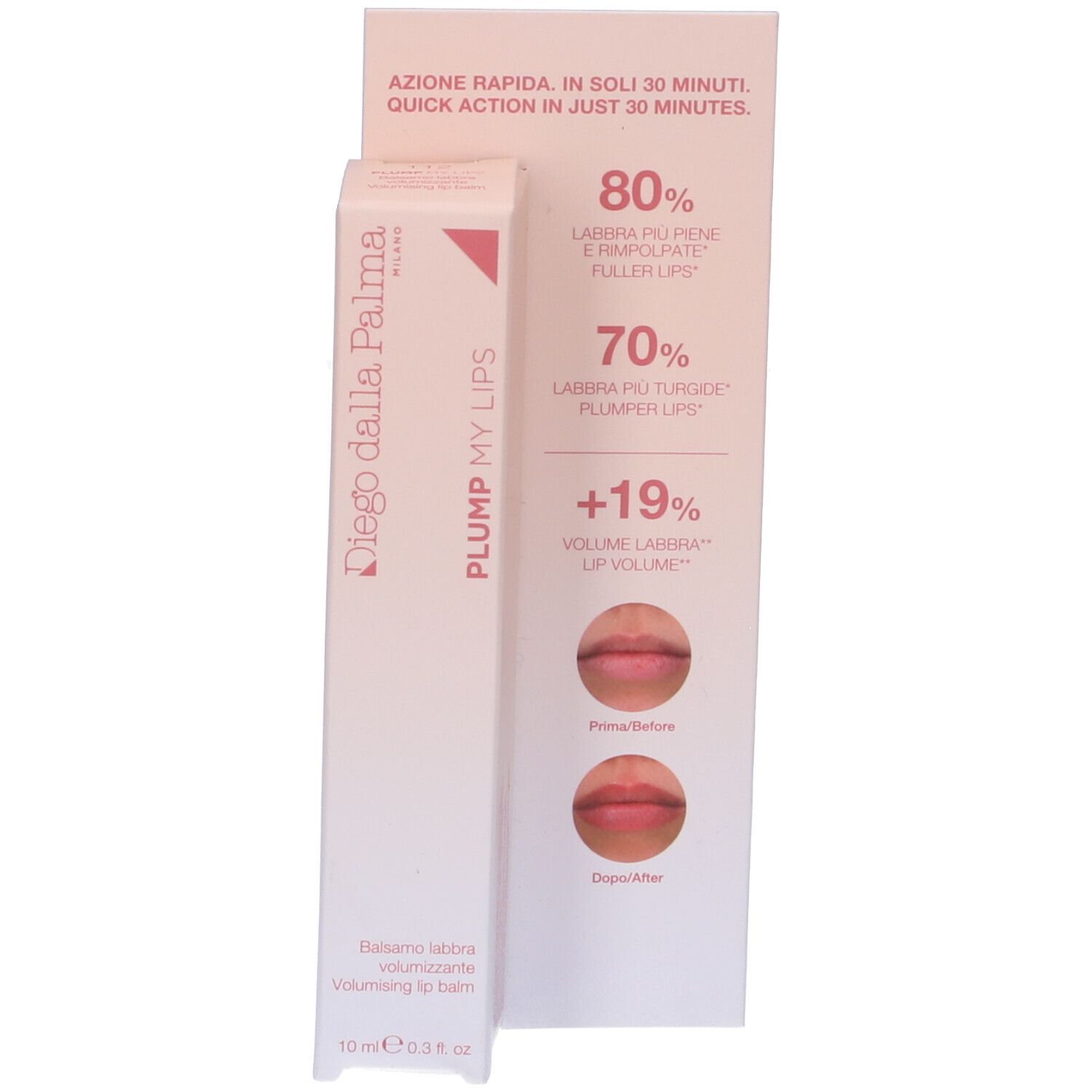 Confezione prodotto con pannello pubblicitario. Testo: PLUMP MY LIPS, 10 ml.