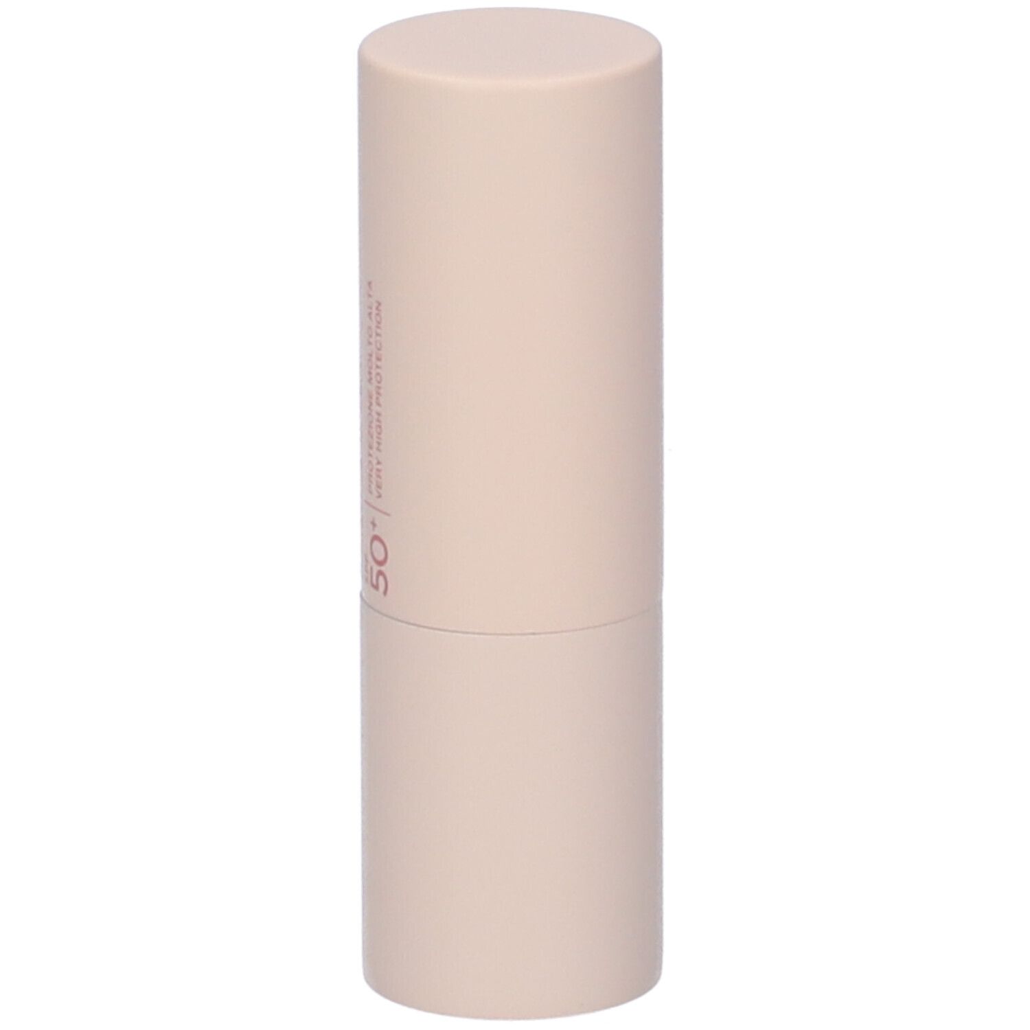 Stick di balsamo labbra rosa chiaro. Scritta: SPF 50+.