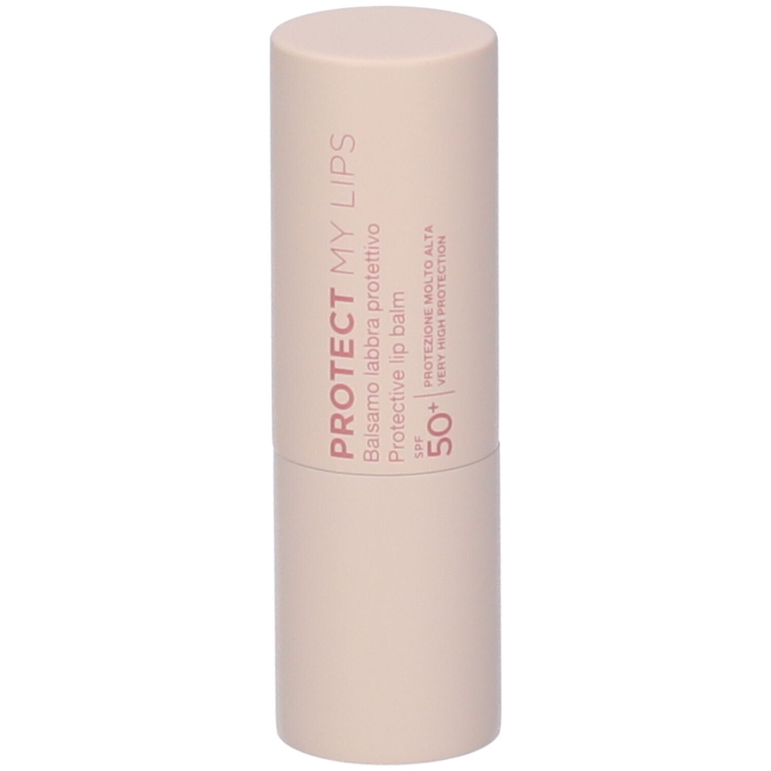 Stick di balsamo labbra rosa chiaro. Scritta: Protect My Lips, SPF 50+.