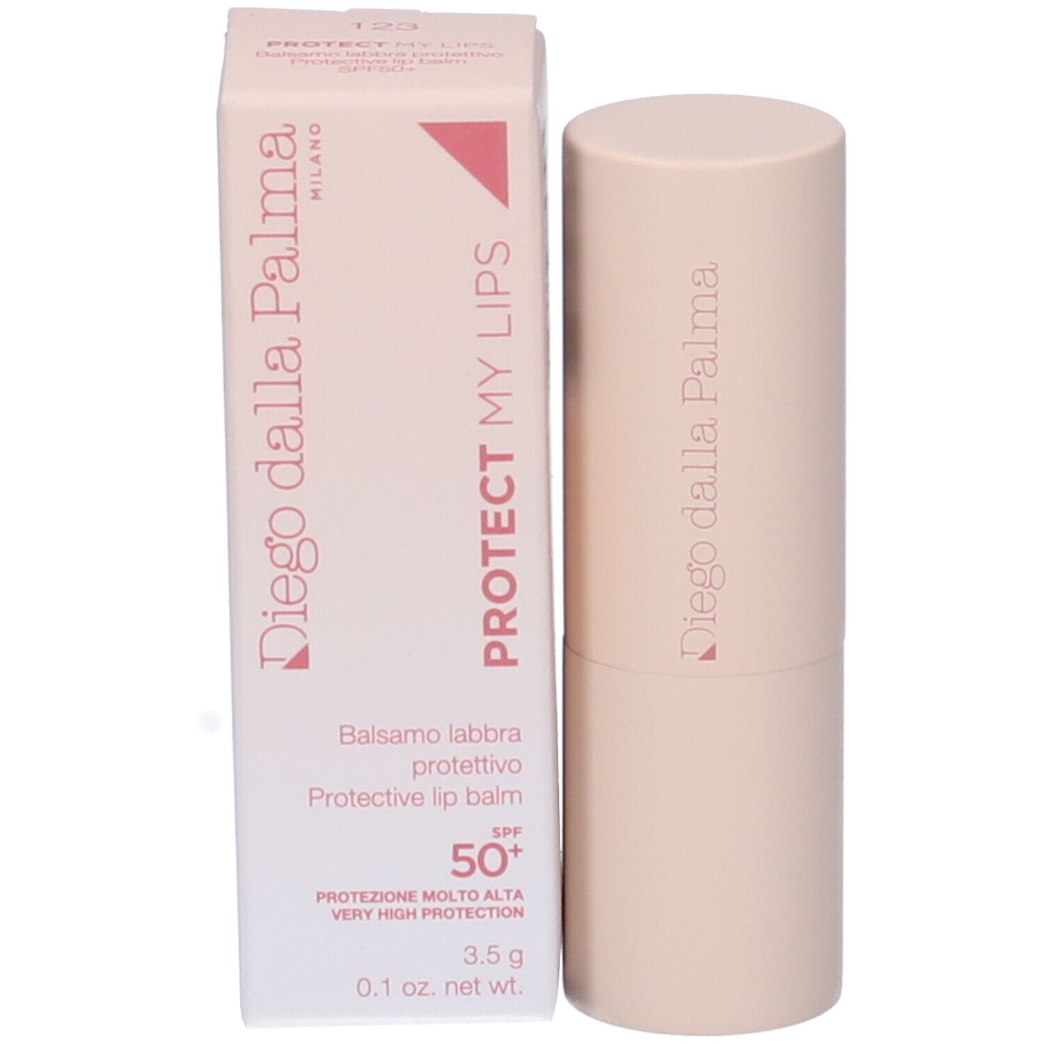 Stick di balsamo labbra e confezione. Scritta: Diego dalla Palma, Protect My Lips, SPF 50+.