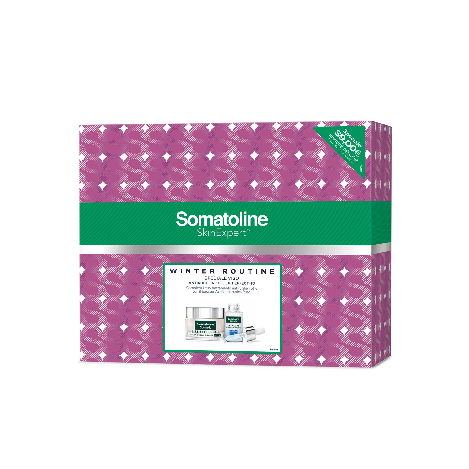 Confezione regalo Somatoline SkinExpert. Design rosa con dettagli verdi. Contiene due prodotti. Scritta: Winter Routine.