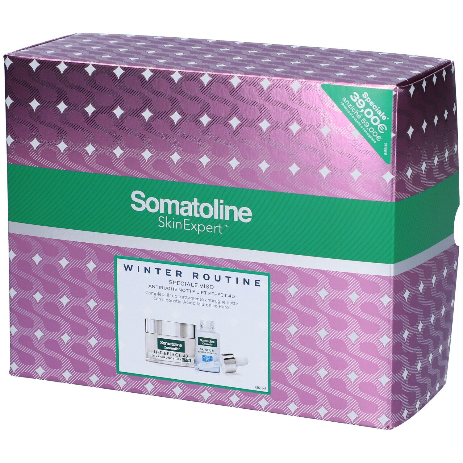 Confezione regalo Somatoline SkinExpert, rosa e verde. Contiene due prodotti. Scritta: Winter Routine, Anti-rughe.