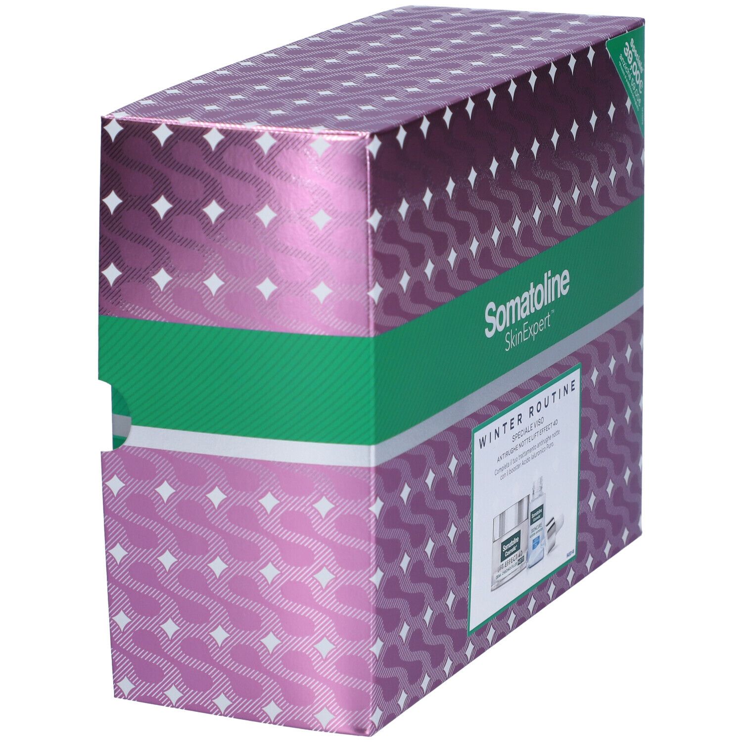 Confezione regalo Somatoline SkinExpert, rosa e verde. Contiene due prodotti. Scritta: Winter Routine, Anti-rughe.