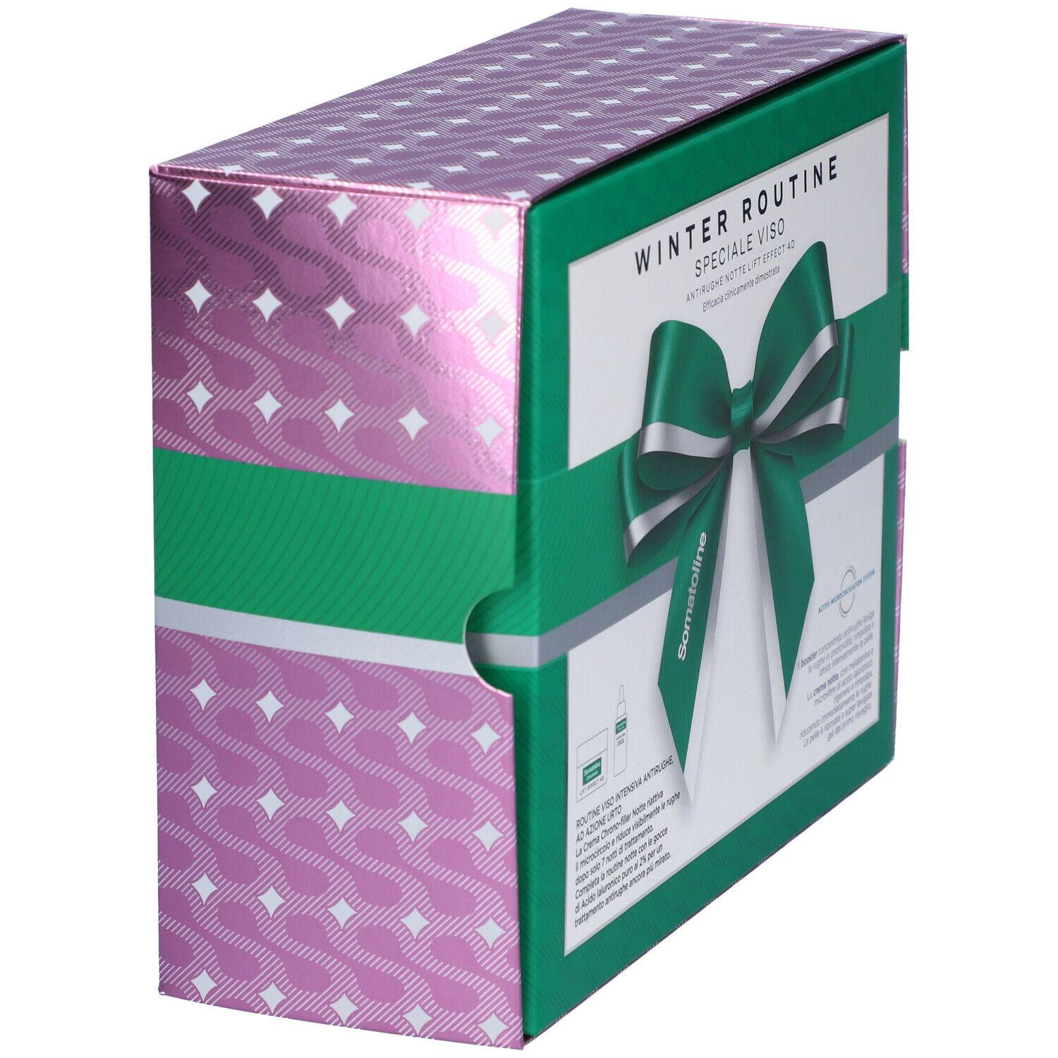 Confezione regalo Somatoline SkinExpert, rosa con fiocco verde. Contiene due prodotti. Scritta: Winter Routine, Anti-rughe.