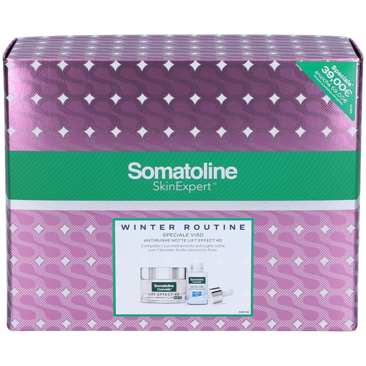 Confezione regalo Somatoline SkinExpert, rosa e verde. Contiene due prodotti. Scritta: Winter Routine, Anti-rughe.