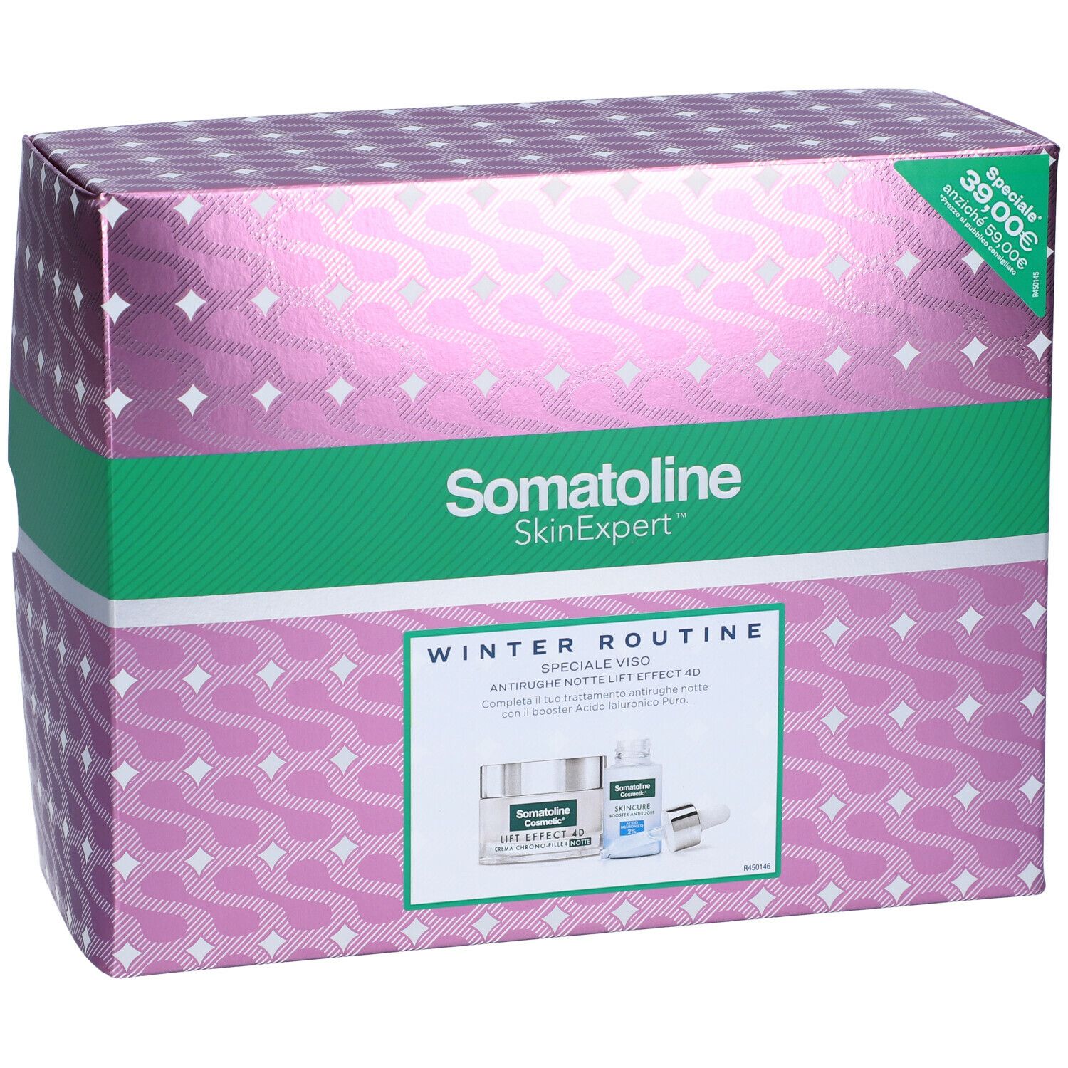 Confezione regalo Somatoline SkinExpert, rosa e verde. Contiene due prodotti. Scritta: Winter Routine, Anti-rughe.