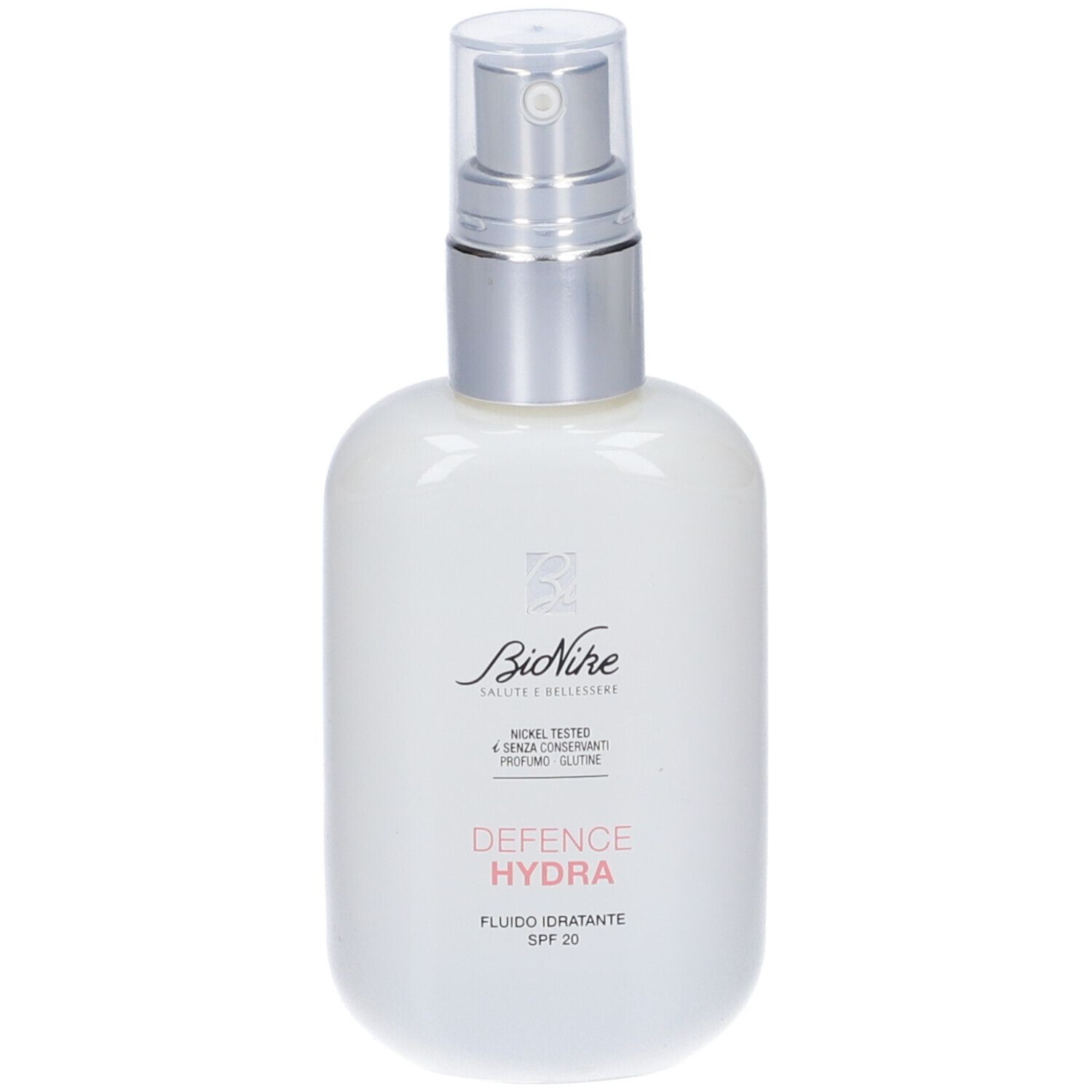 Flacone bianco con vaporizzatore. Scritta: Defence Hydra Fluido, SPF 20. Marchio Bionike.