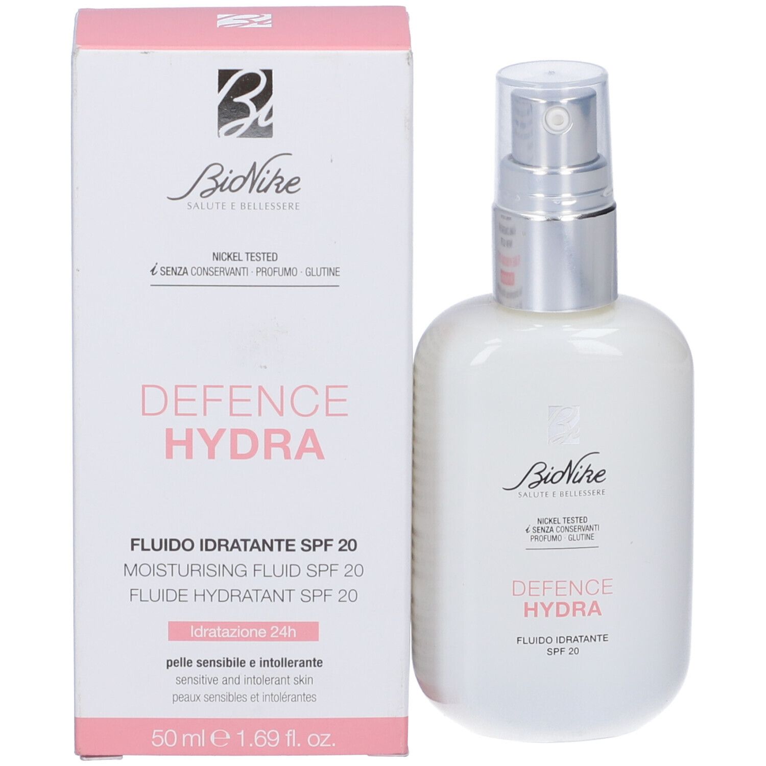 Prodotto e confezione. Flacone bianco con vaporizzatore e confezione rosa. Scritta: Defence Hydra.