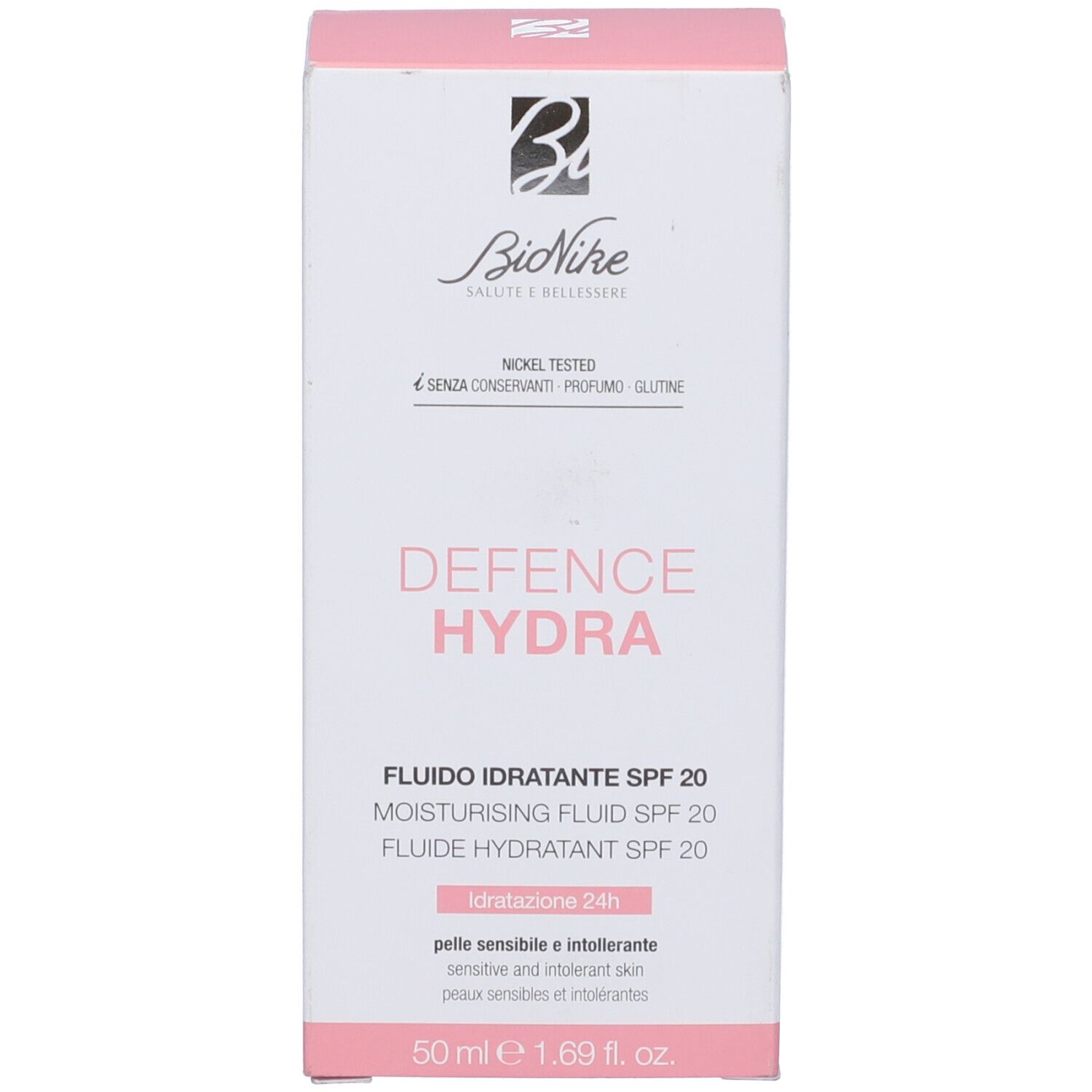 Confezione rosa. Scritta: Defence Hydra, Fluido Idratante SPF 20. Marchio Bionike. 50 ml.