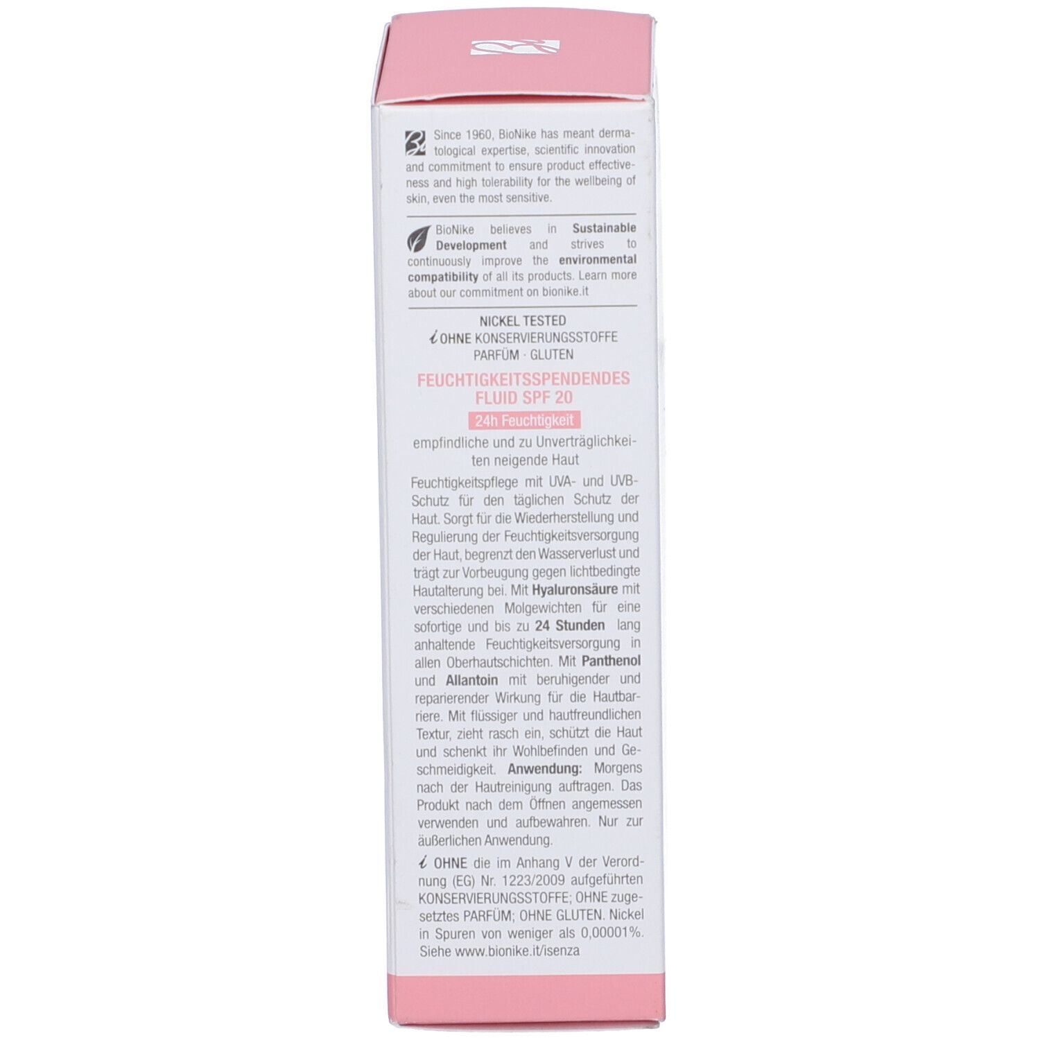 Confezione. Testo sugli ingredienti e l'uso. Marchio Bionike. Rosa e bianco.