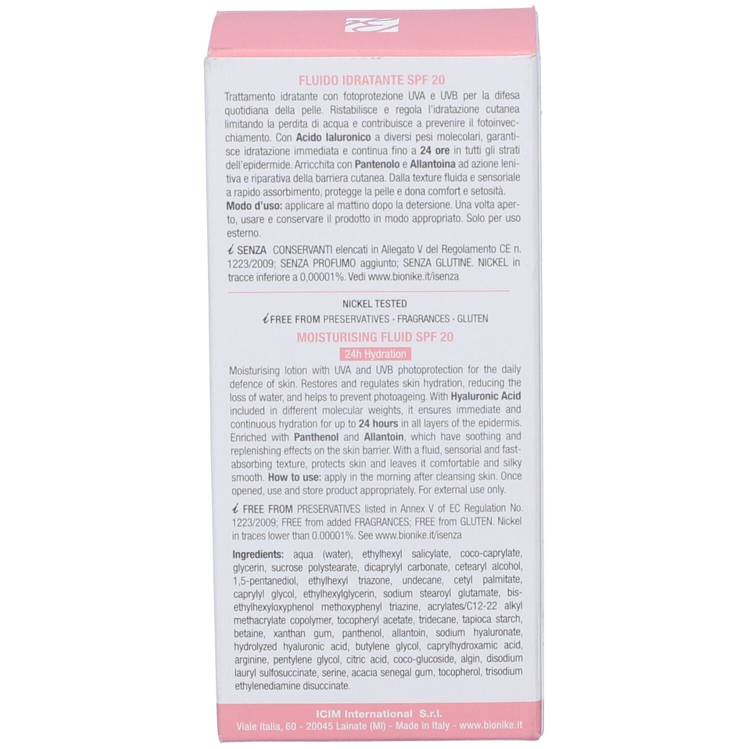 Confezione. Testo sugli ingredienti e l'uso. Marchio Bionike. Rosa e bianco.