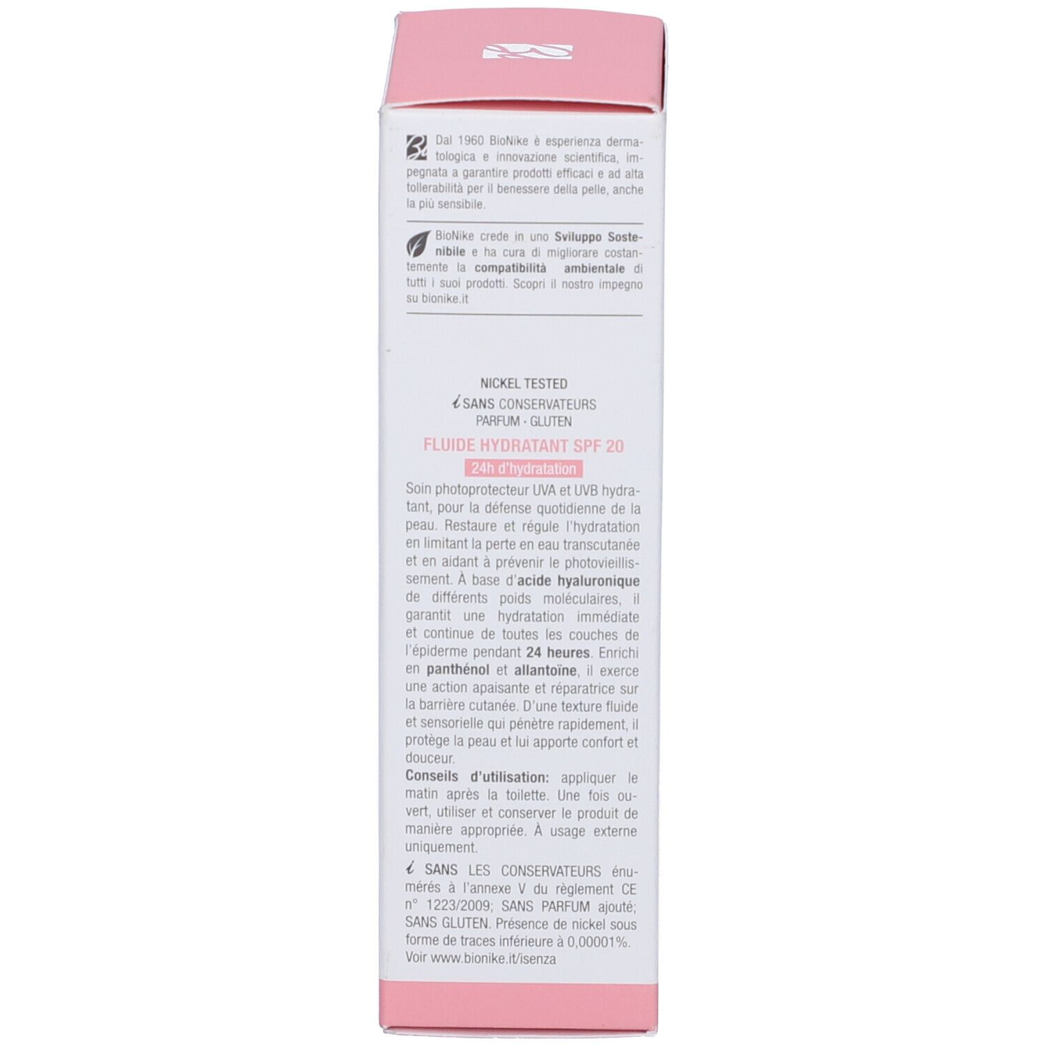Confezione. Testo sugli ingredienti e l'uso. Marchio Bionike. Rosa e bianco.