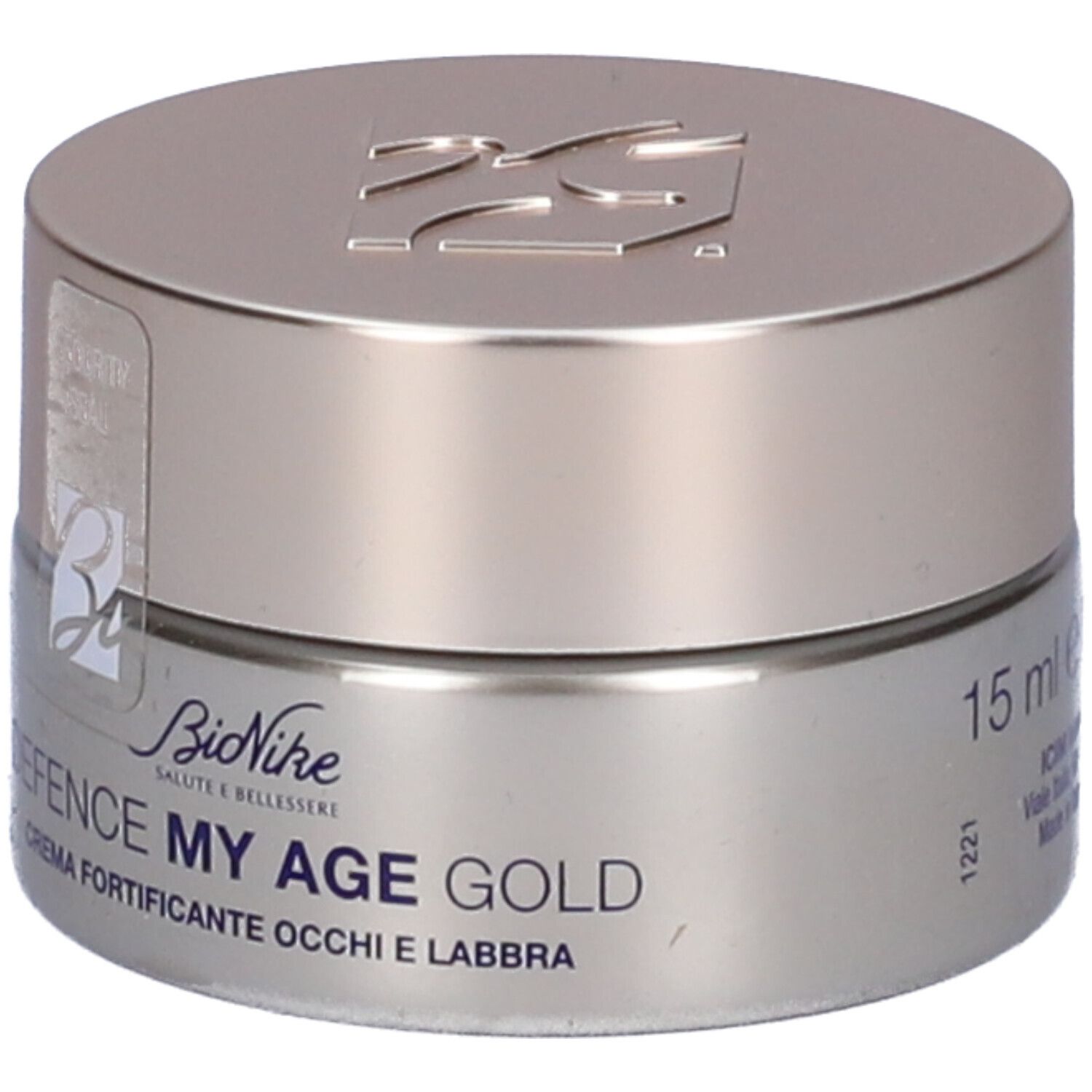 Creme-Dose mit goldfarbenem Deckel. Aufschrift: Defence My Age Gold. 15 ml. Für Augen und Lippen. Marke BioNike.