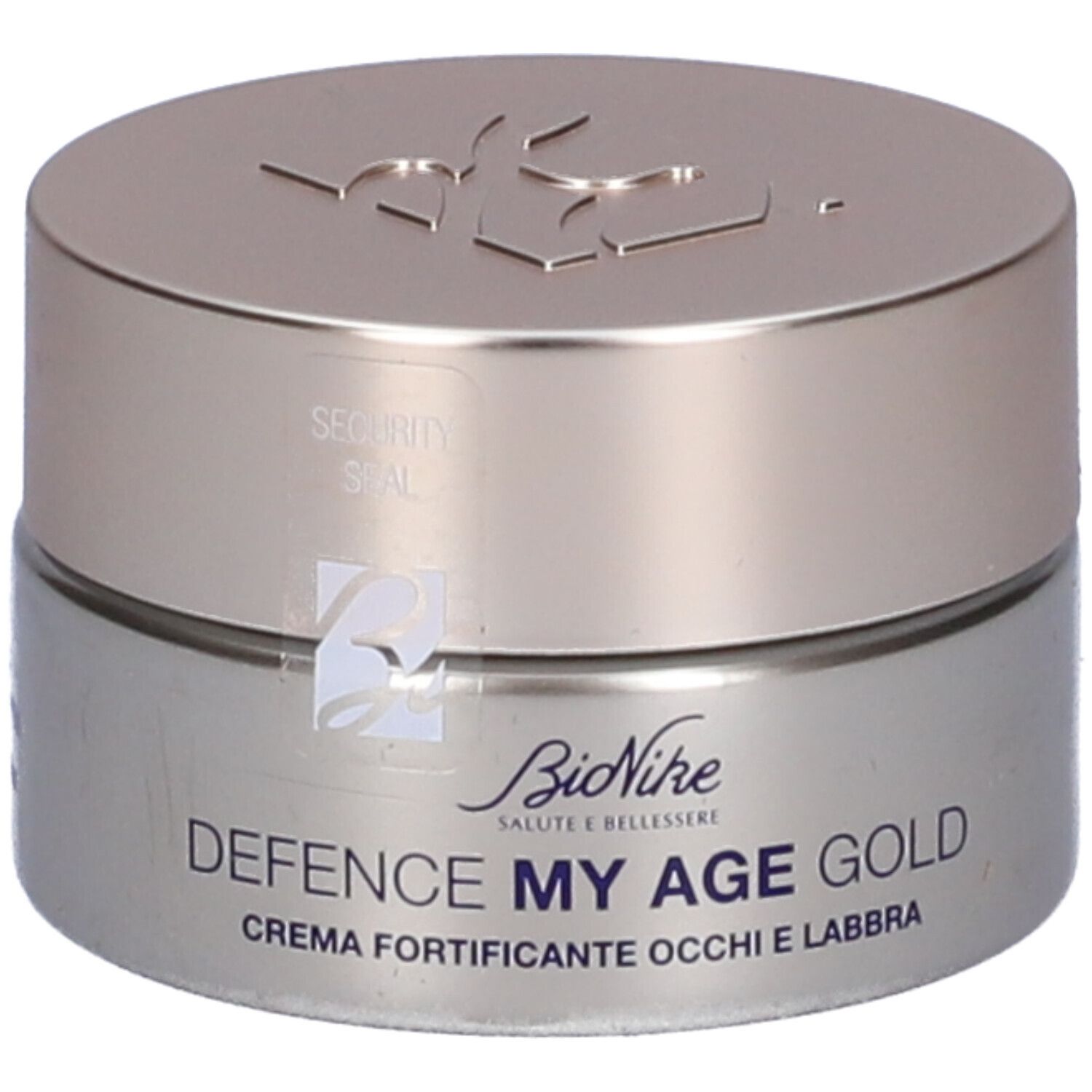 Creme-Dose mit goldfarbenem Deckel. Aufschrift: Defence My Age Gold. 15 ml. Sicherheitsverschluss. Marke BioNike.
