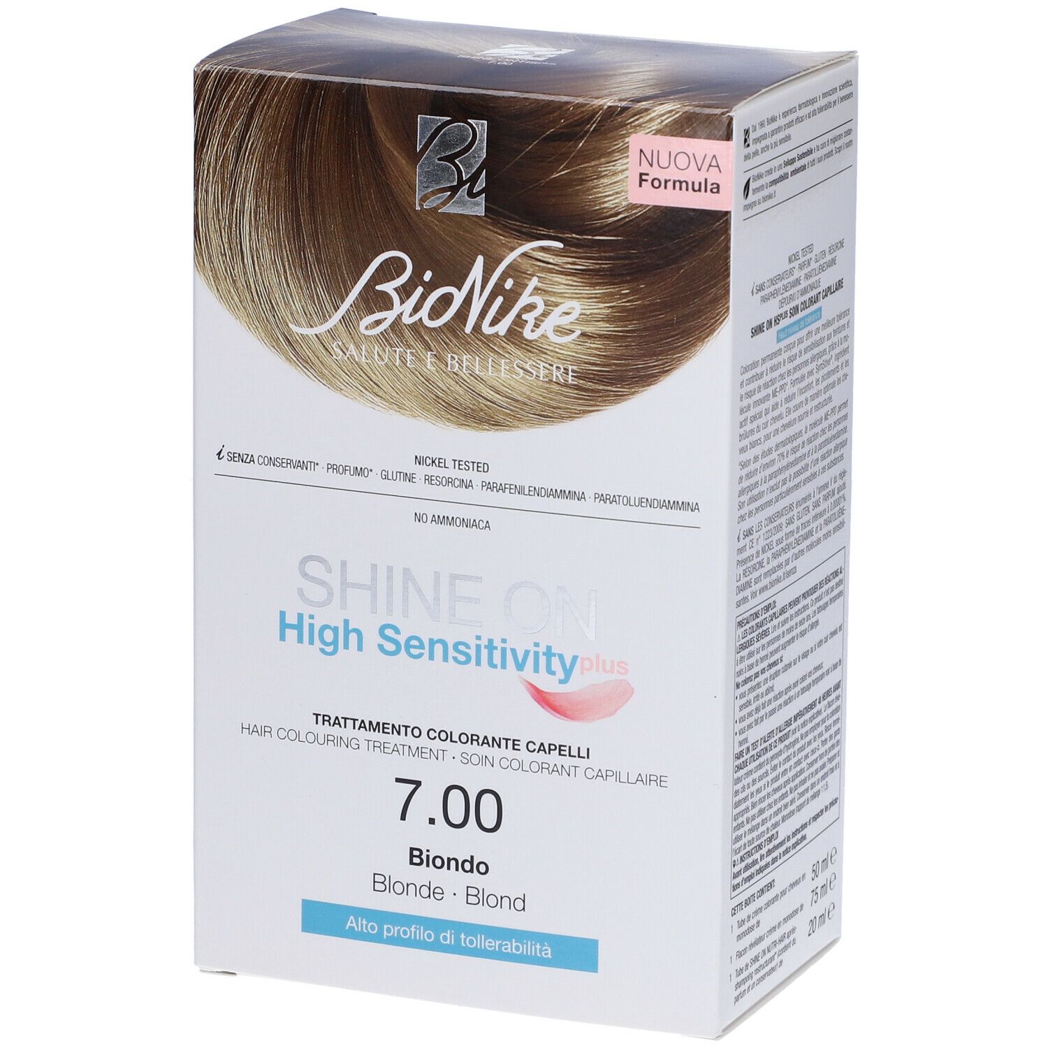 Confezione di tinta per capelli BioNike SHINE ON High Sensitivity plus 7.00 Biondo. Colore biondo. Nickel tested. Nuova formula.