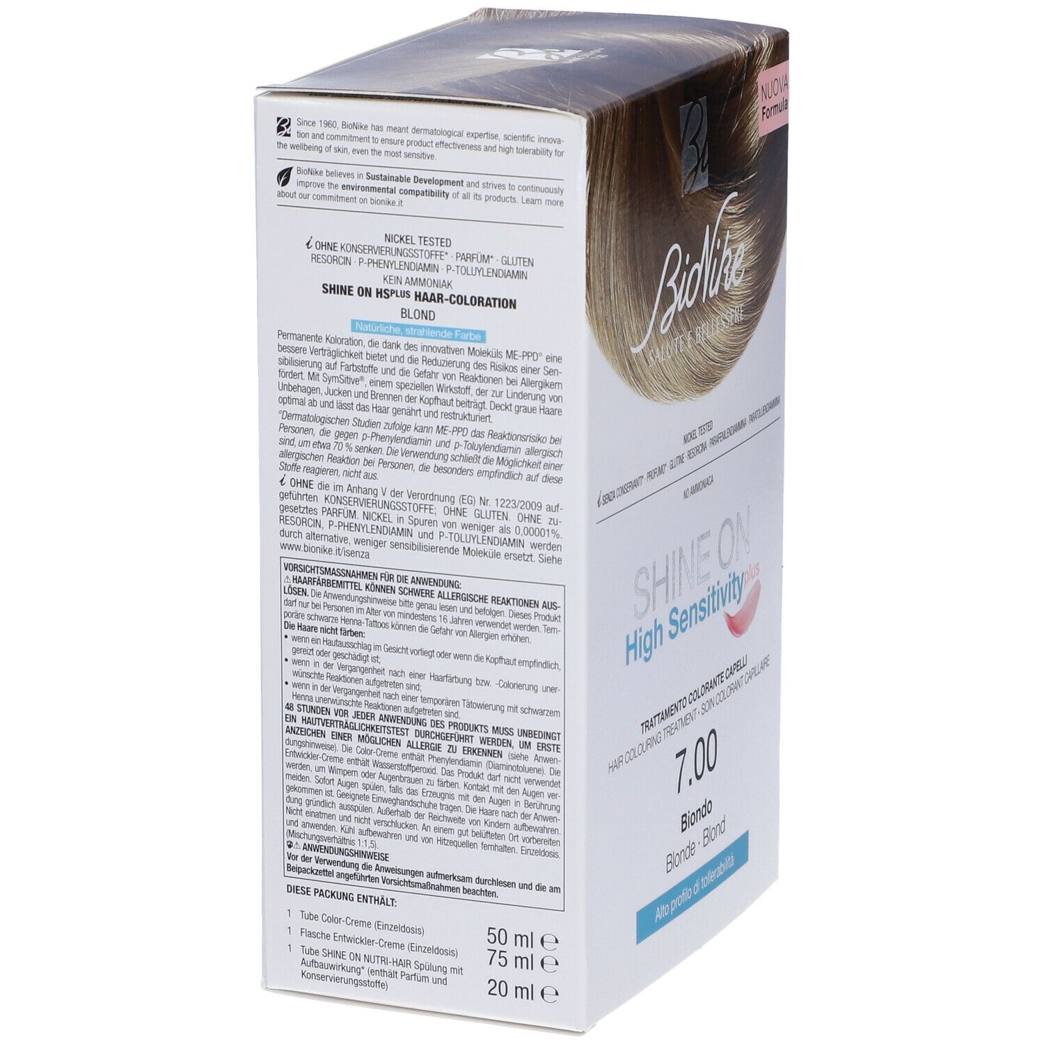 Confezione di tinta per capelli BioNike SHINE ON High Sensitivity plus 7.00 Biondo. Colore biondo. Nickel tested. Vista laterale.
