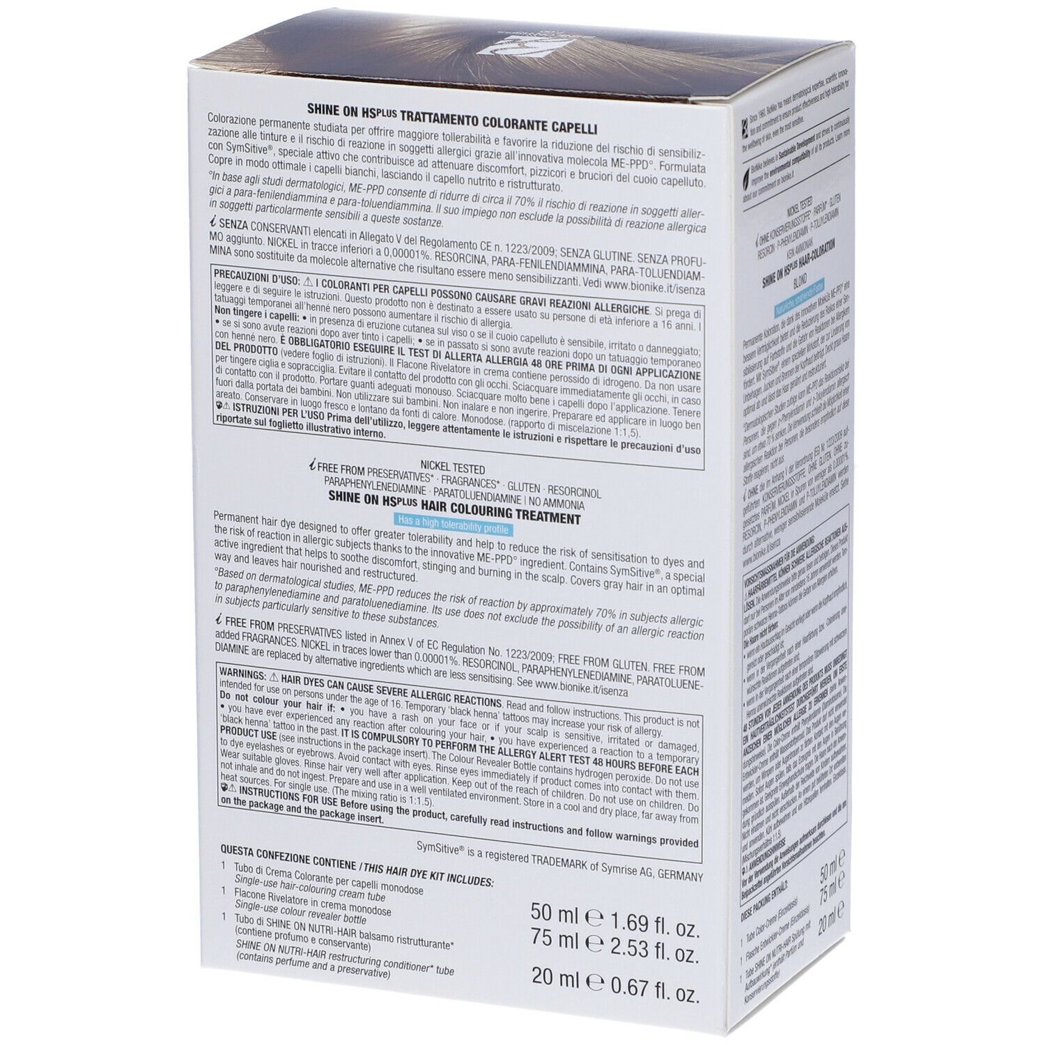 Confezione di tinta per capelli BioNike SHINE ON High Sensitivity plus 7.00 Biondo. Colore biondo. Nickel tested. Retro.
