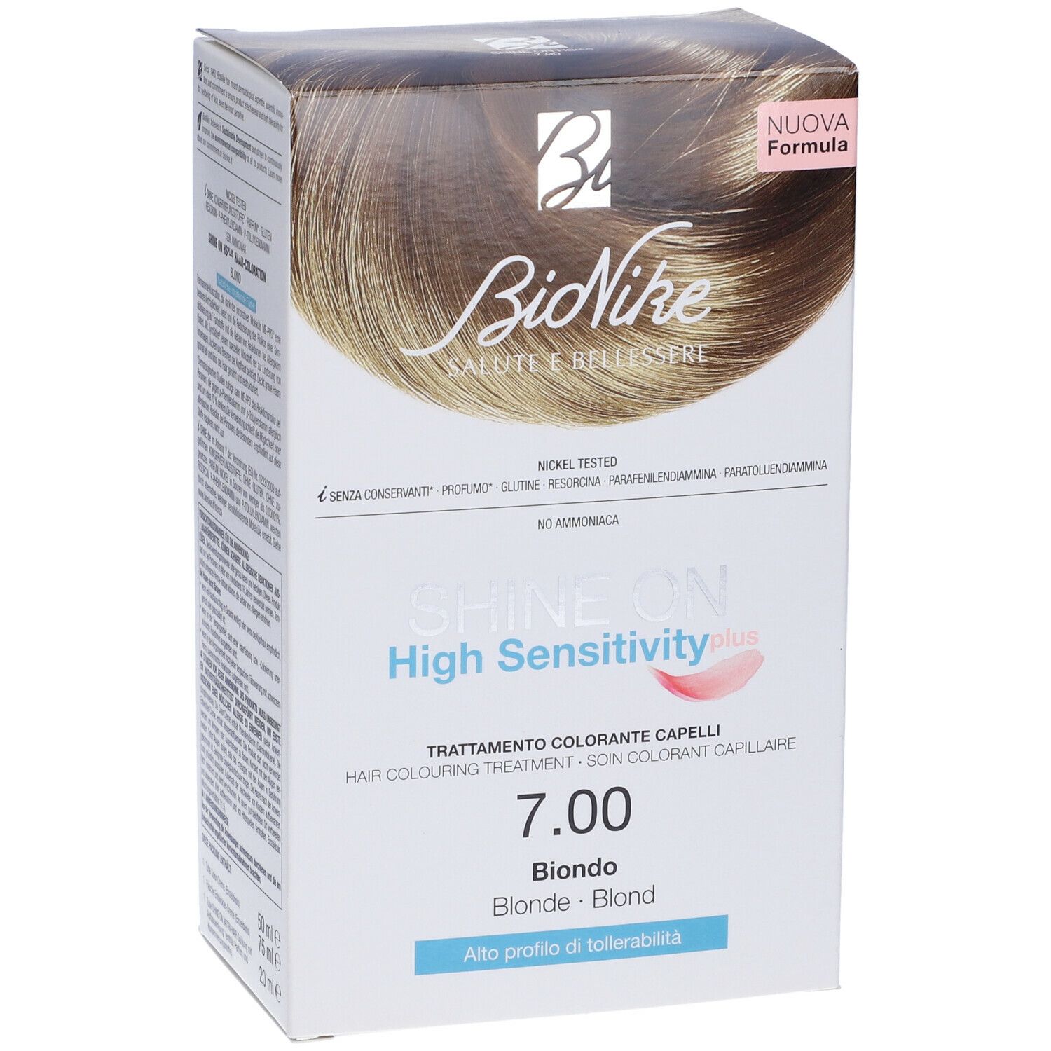 Confezione di tinta per capelli BioNike SHINE ON High Sensitivity plus 7.00 Biondo. Colore biondo. Nickel tested. Nuova formula.