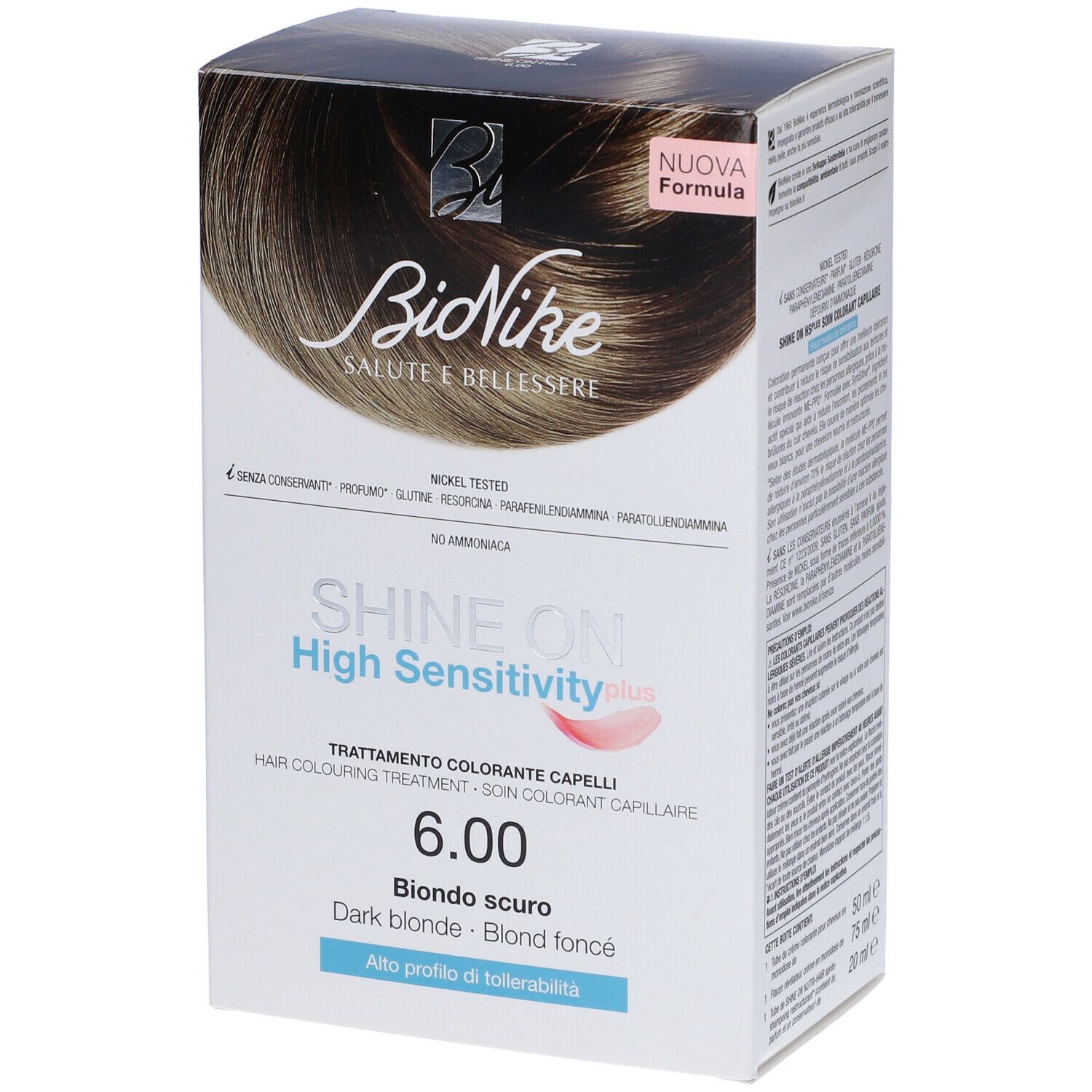Confezione BioNike SHINE ON High Sensitivity plus 6.00. Biondo scuro. Scritte: Nickel Tested, senza conservanti. Nuova formula.