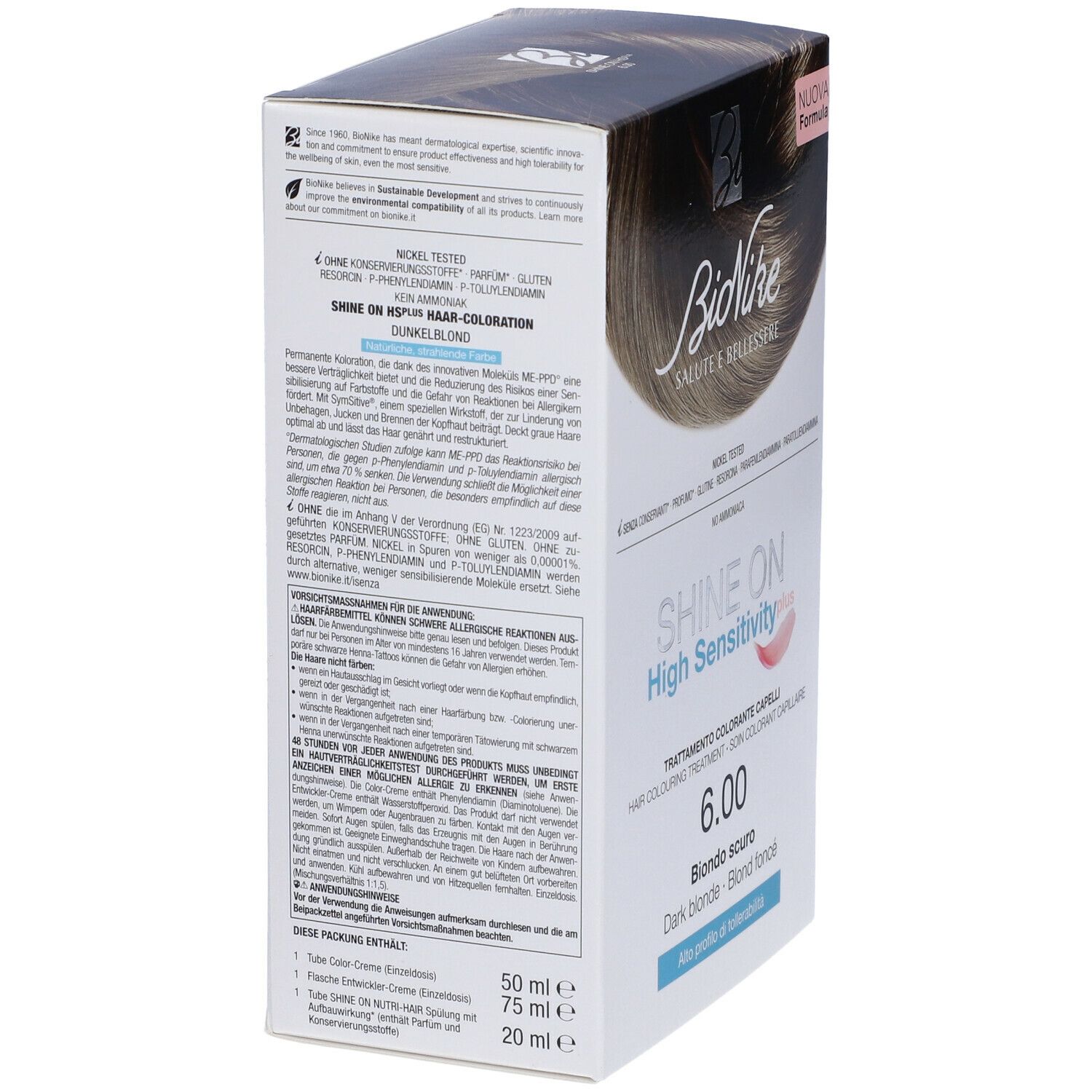 Confezione BioNike SHINE ON High Sensitivity plus 6.00. Biondo scuro. Scritte: Nickel Tested, senza conservanti. Testo sul lato.