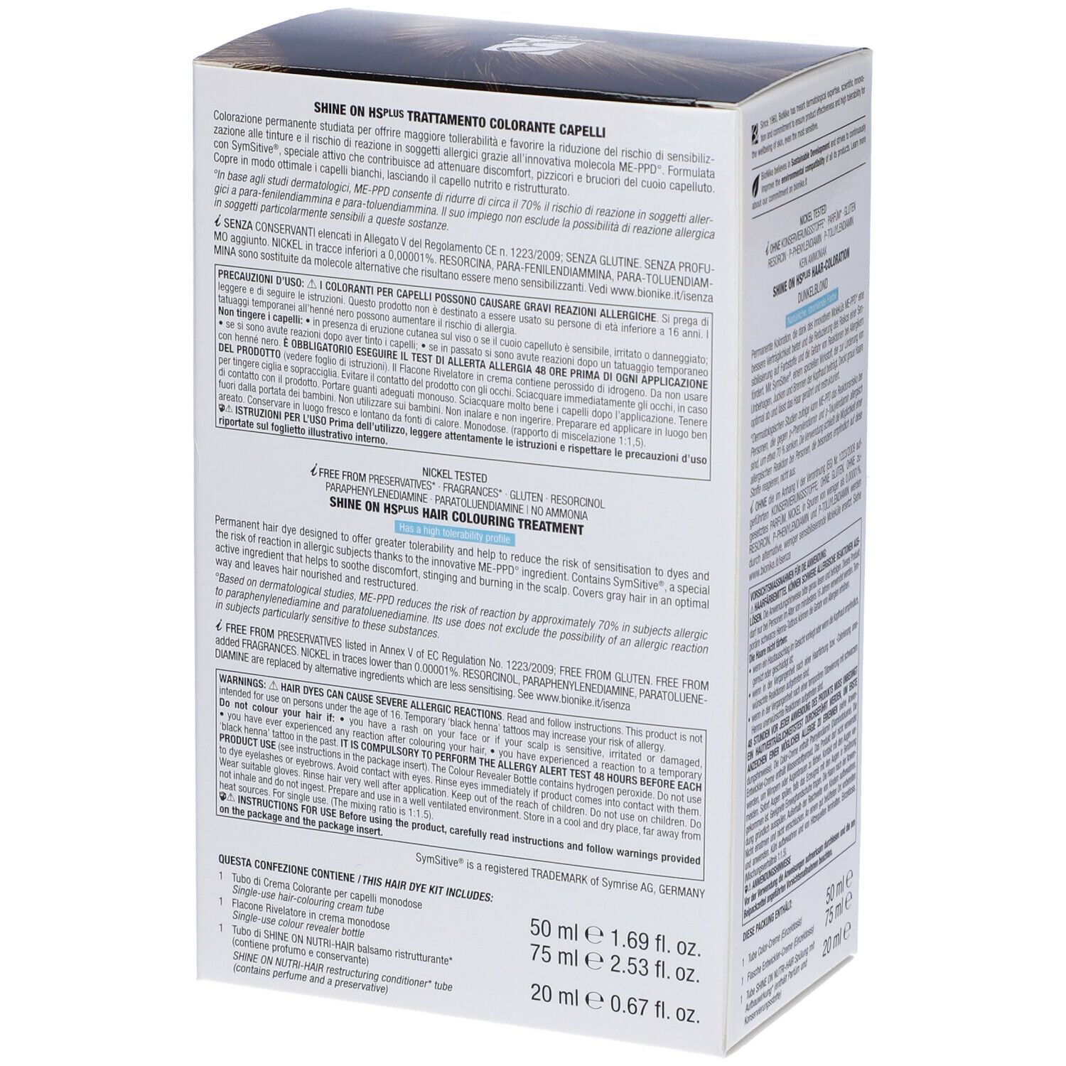 Confezione BioNike SHINE ON High Sensitivity plus 6.00. Biondo scuro. Scritte: Nickel Tested, senza conservanti. Testo sul retro.