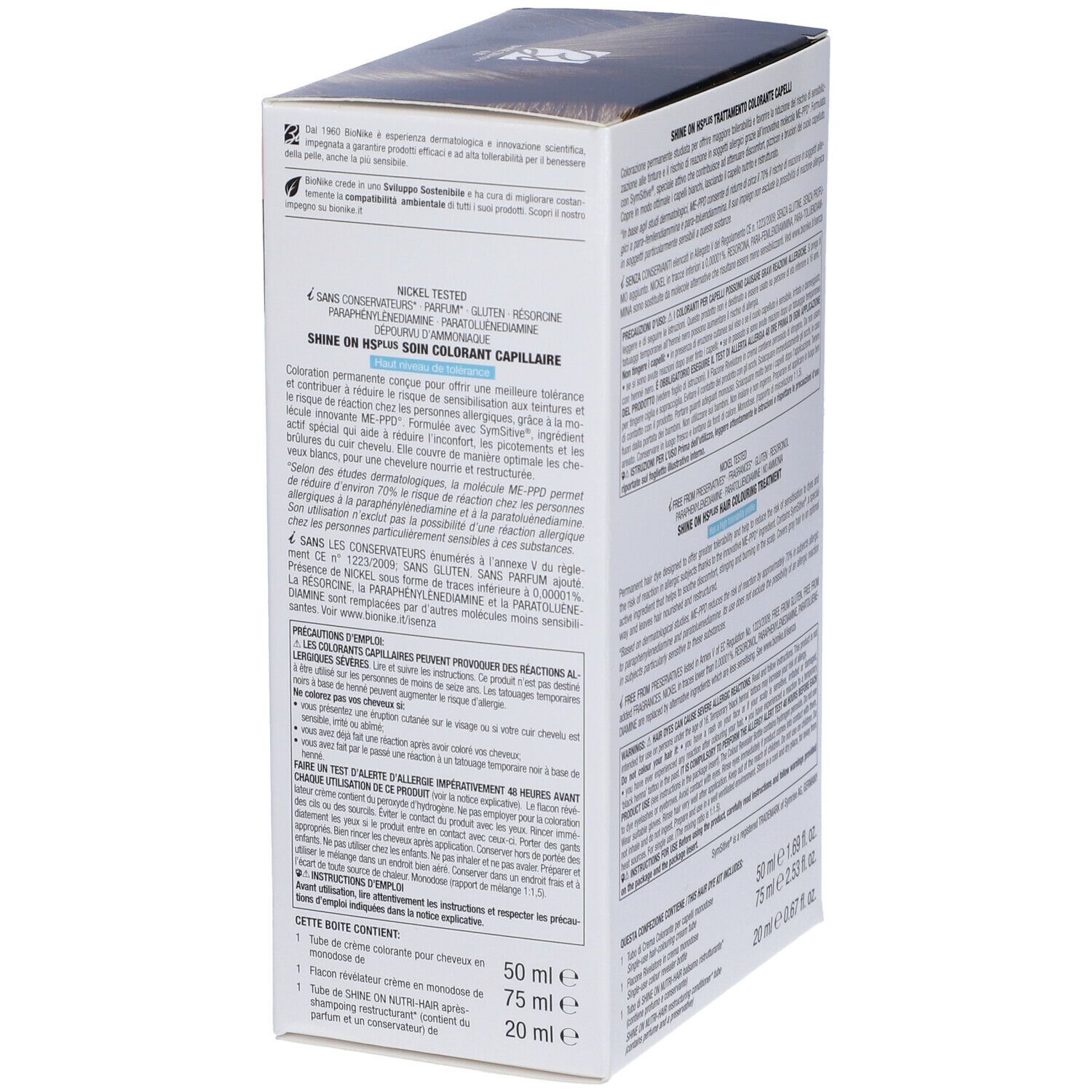 Confezione BioNike SHINE ON High Sensitivity plus 6.00. Biondo scuro. Scritte: Nickel Tested, senza conservanti. Testo sul lato.