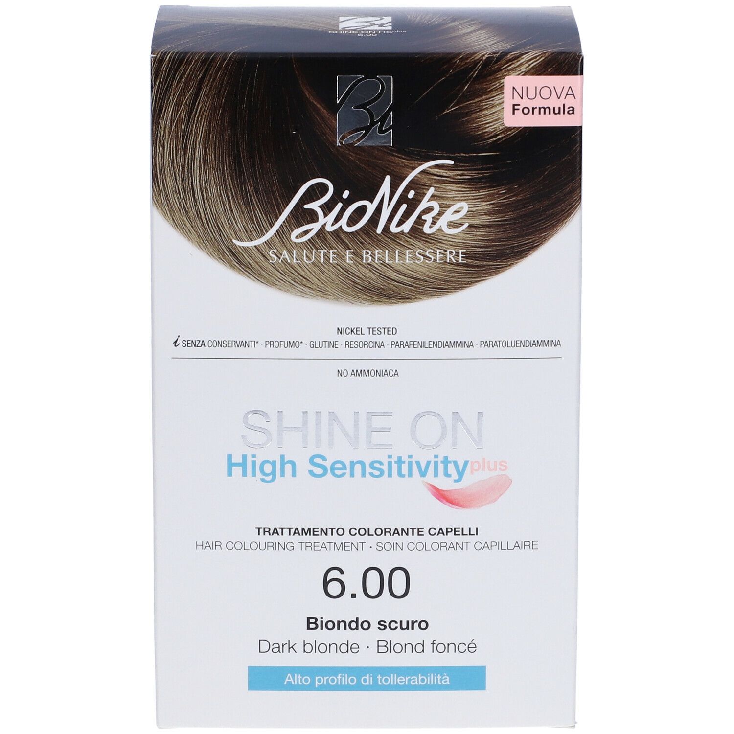Confezione BioNike SHINE ON High Sensitivity plus 6.00. Biondo scuro. Scritte: Nickel Tested, senza conservanti. Nuova formula.