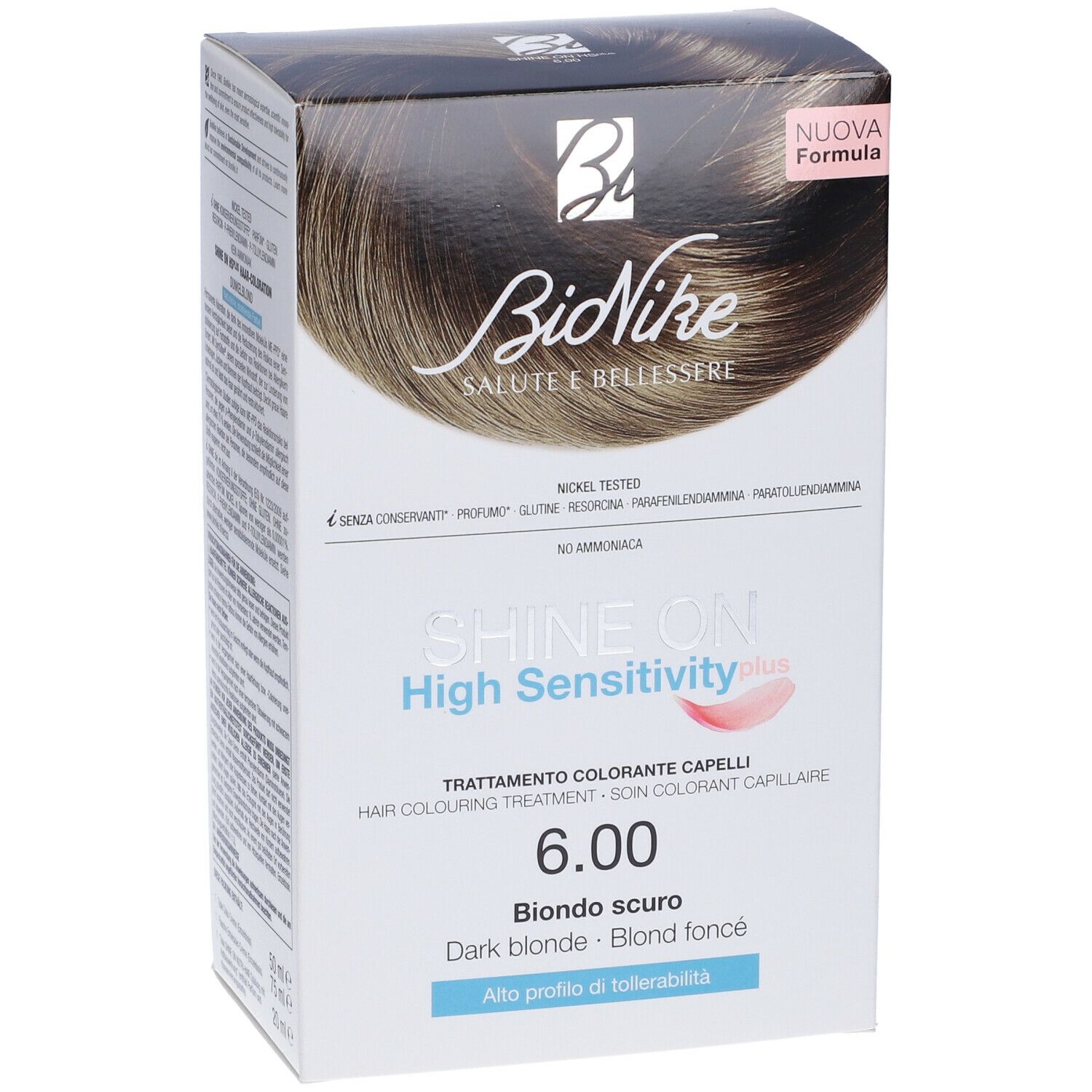 Confezione BioNike SHINE ON High Sensitivity plus 6.00. Biondo scuro. Scritte: Nickel Tested, senza conservanti. Nuova formula.