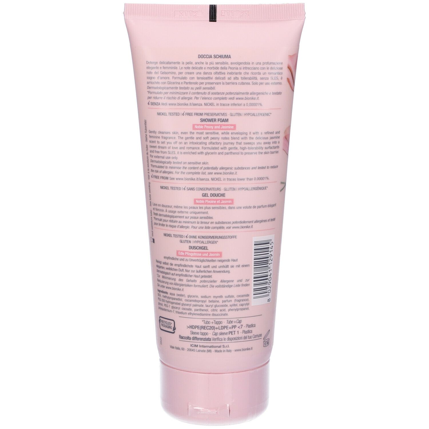 Tubo rosa. Testo: Doccia Schiuma, Shower Foam, Gel Douche, Duschgel. Testo multilingue. Marchio non visibile.