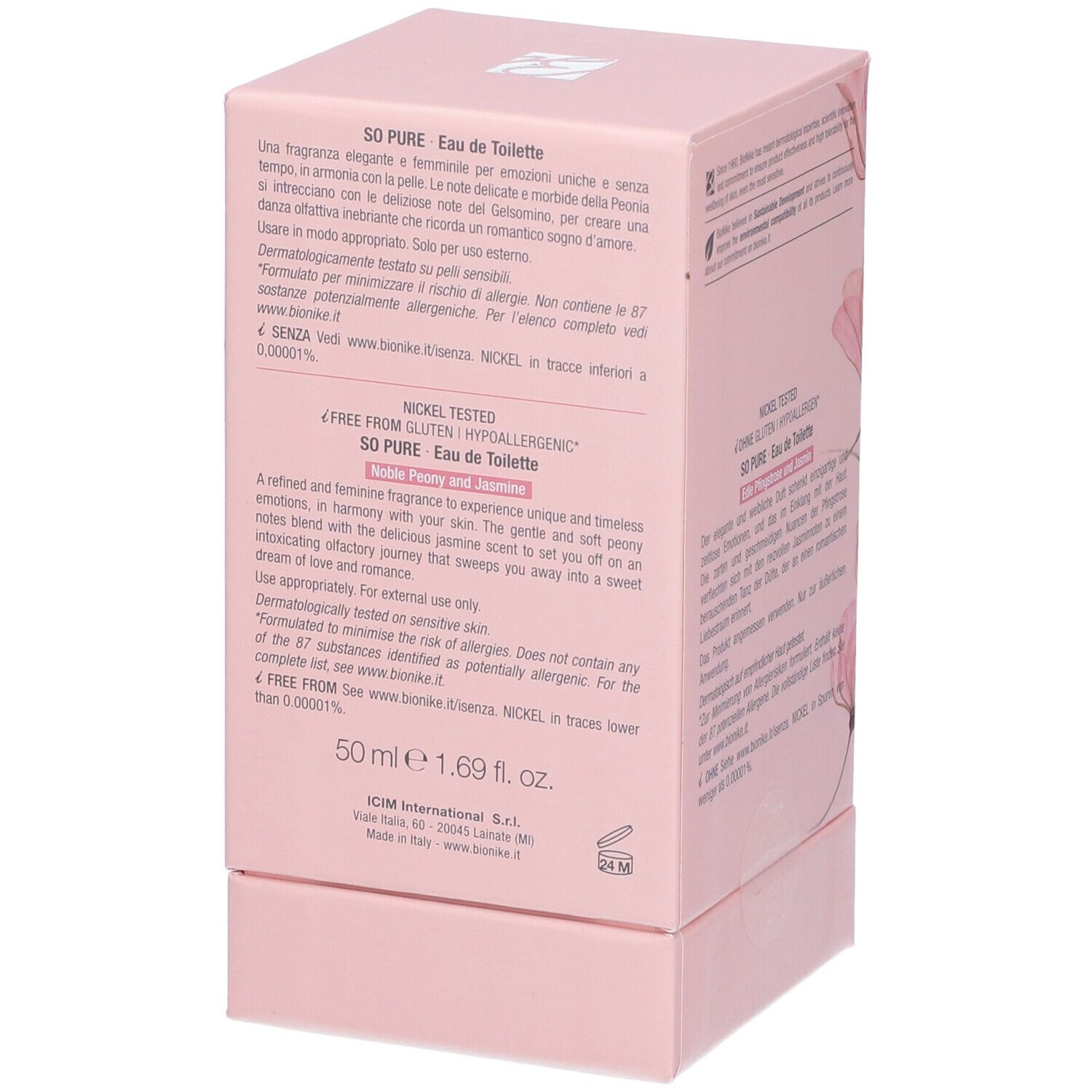 Lato della scatola rosa. Testo: SO PURE Eau de Toilette, Incanto d'Amore. 50 ml. Informazioni sugli ingredienti e il produttore.