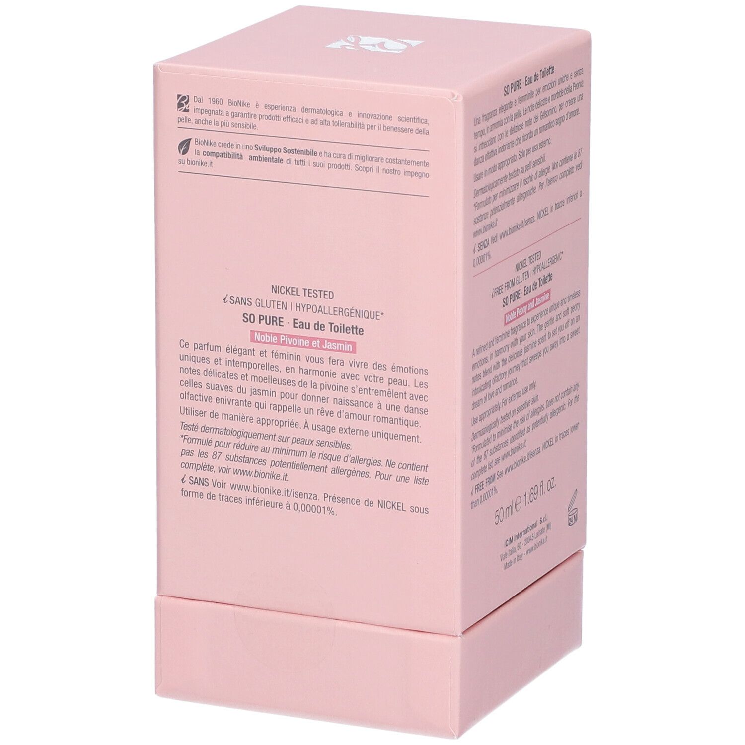 Lato della scatola rosa. Testo: SO PURE Eau de Toilette, Incanto d'Amore. 50 ml. Informazioni sugli ingredienti e il produttore.