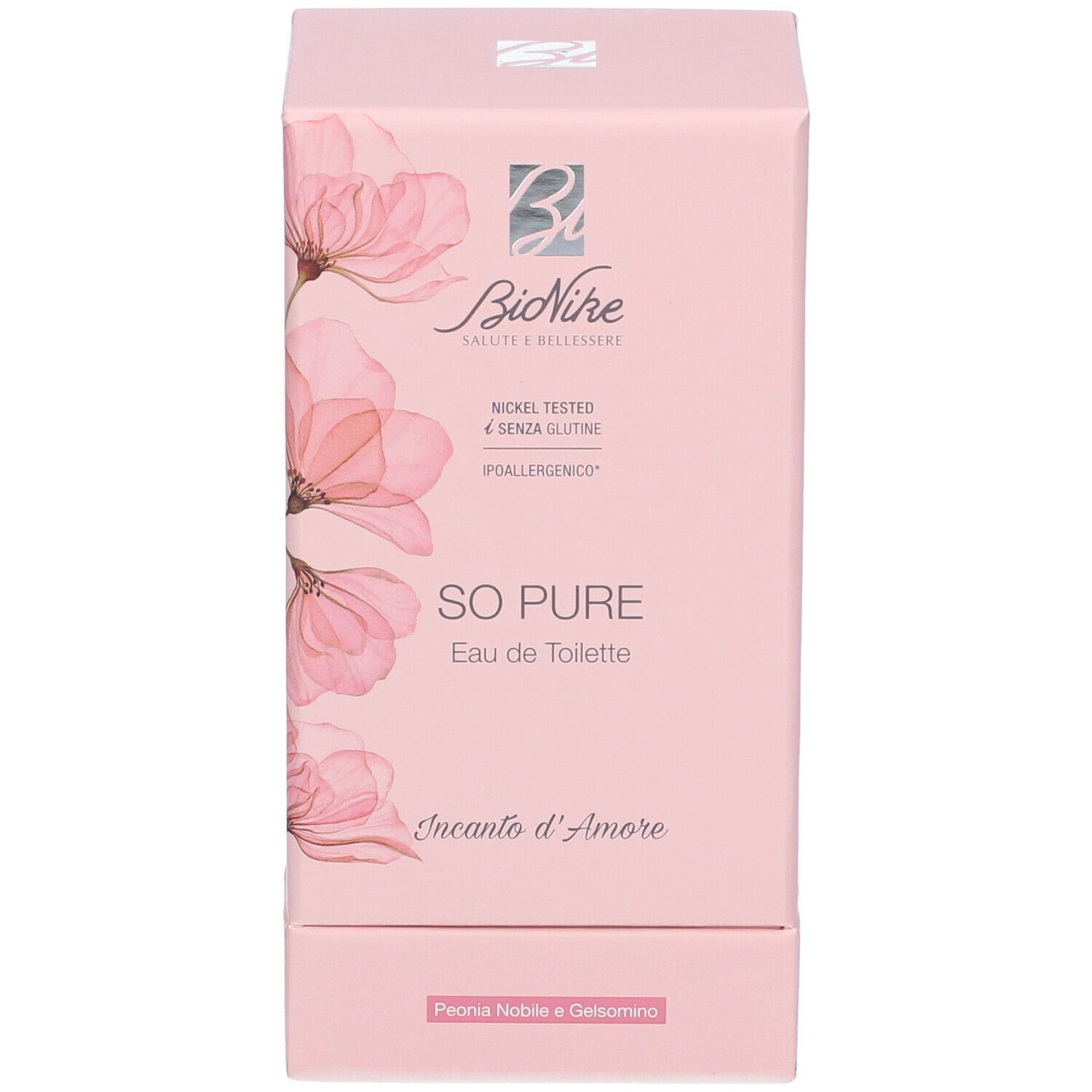 Scatola rosa con informazioni prodotto. Scritto: BioNike, SO PURE Eau de Toilette, Incanto d'Amore. Motivo floreale.