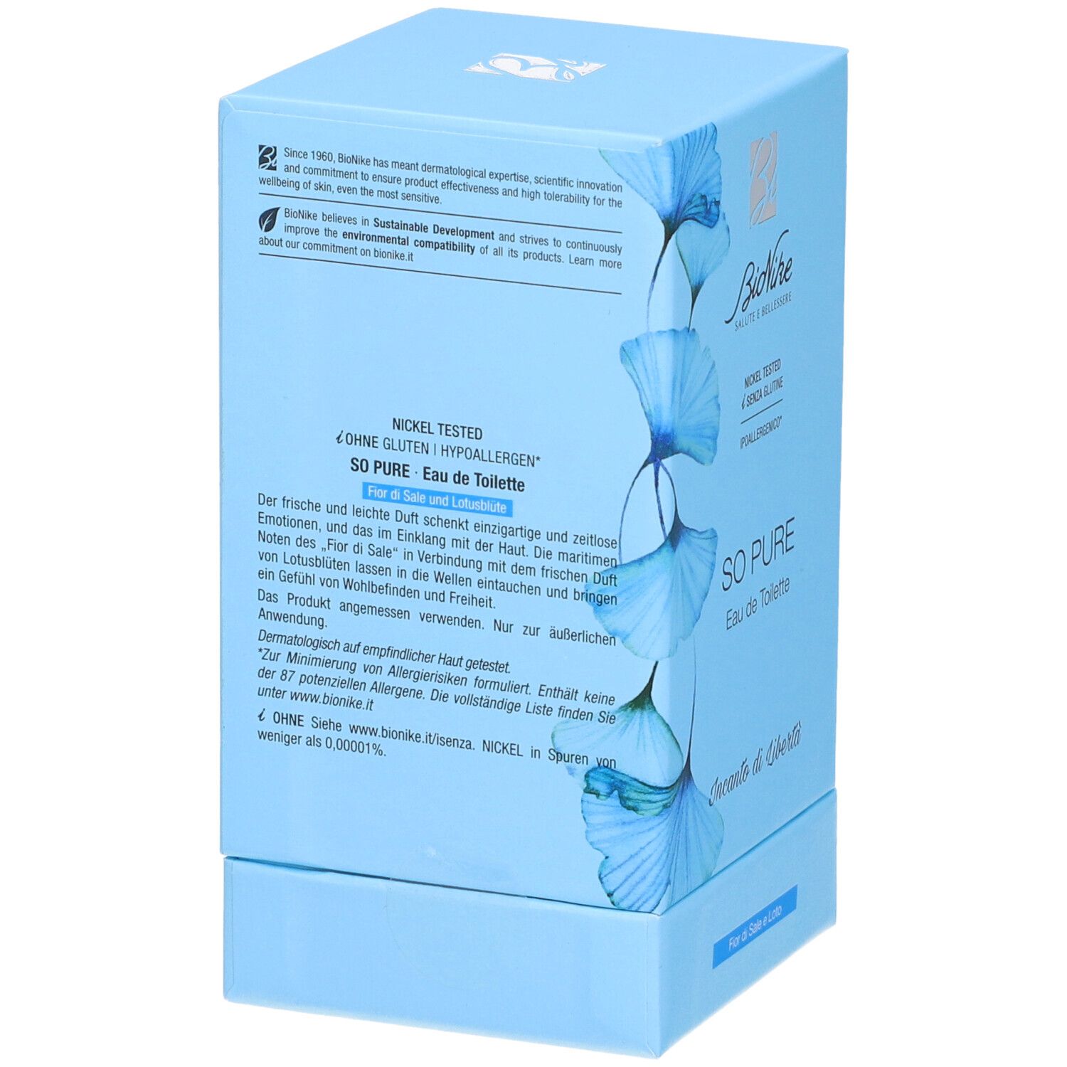 Scatola azzurra con testo. Scritto: BioNike, SO PURE Eau de Toilette. Testo su ingredienti e certificazioni.