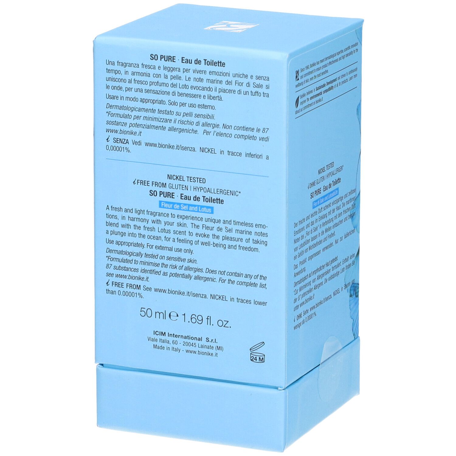 Scatola azzurra con testo. Scritto: SO PURE Eau de Toilette. Testo su ingredienti e utilizzo.