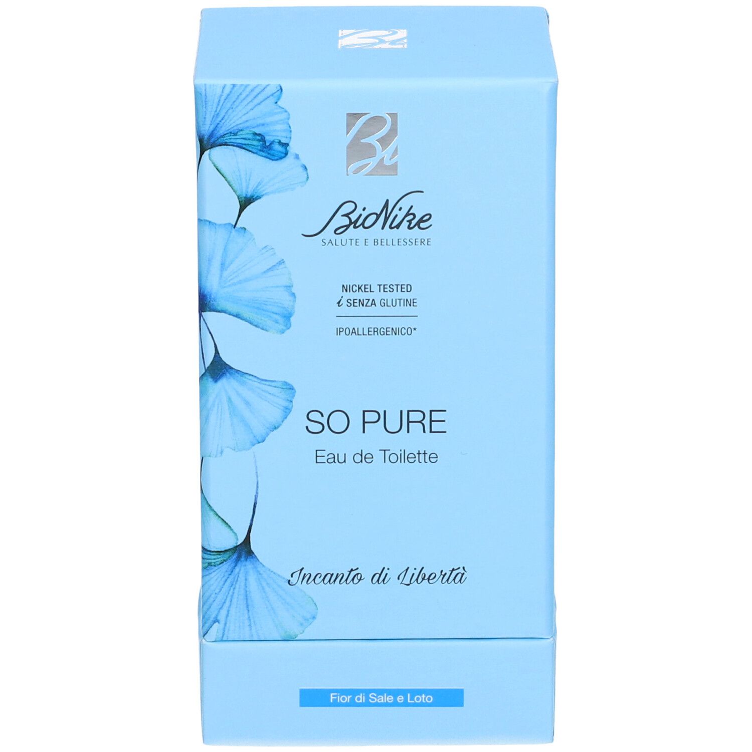 Scatola azzurra con informazioni prodotto. Scritto: BioNike, SO PURE Eau de Toilette, Incanto di Libertà. Nickel Tested.