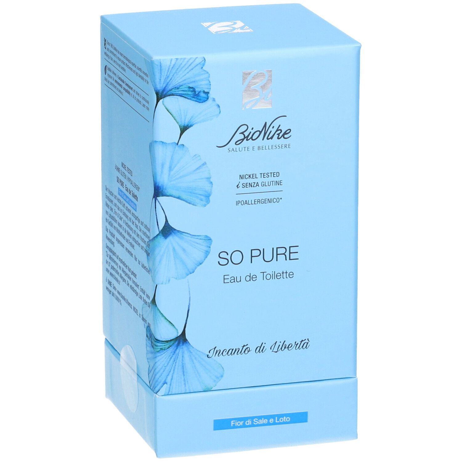Scatola azzurra con informazioni prodotto. Scritto: BioNike, SO PURE Eau de Toilette, Incanto di Libertà. Nickel Tested.