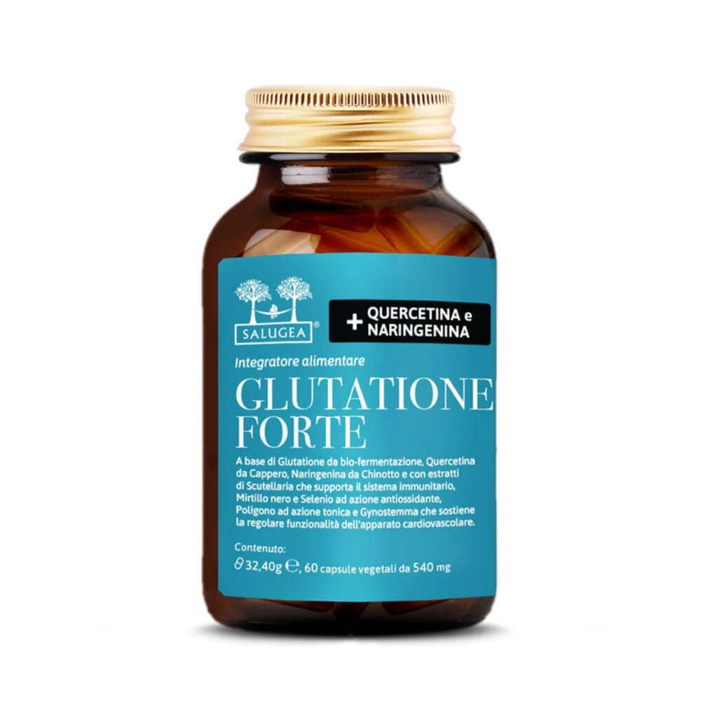 Flacon en verre brun avec bouchon doré. L'étiquette indique "Glutatione Forte" et "Salugea".
