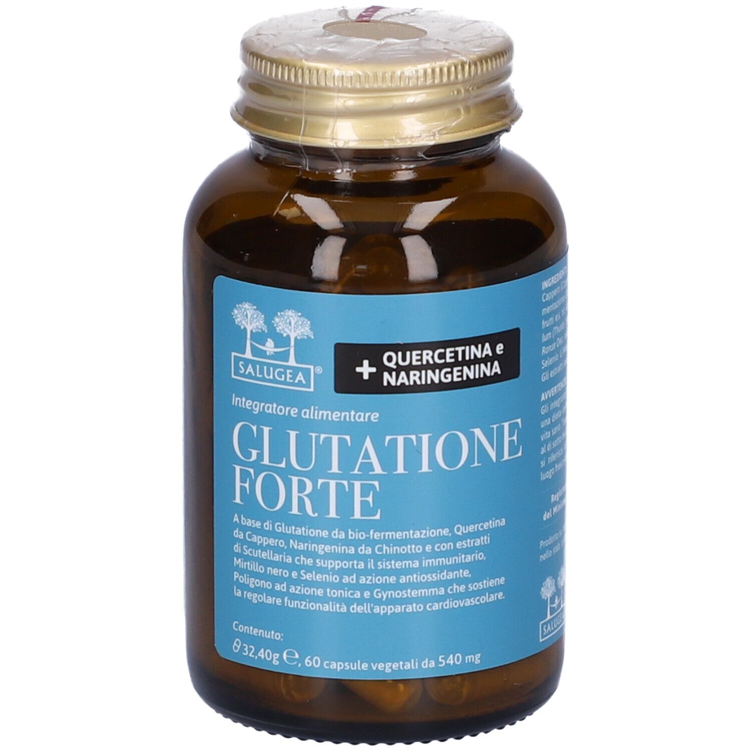 Flacon brun avec bouchon doré. L'étiquette indique "Glutatione Forte" et "Salugea".