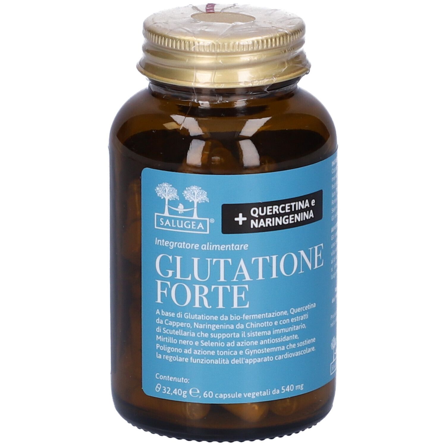 Flacon brun avec bouchon doré. L'étiquette indique "Glutatione Forte" et "Salugea".