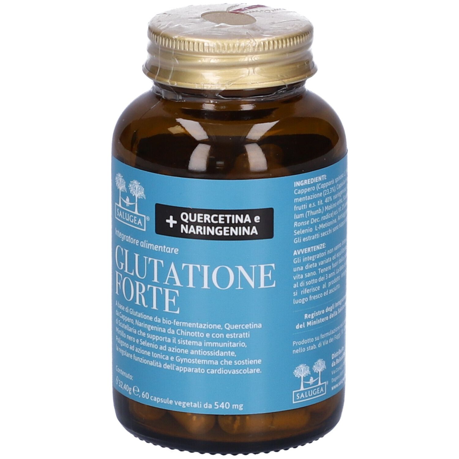 Dos du flacon "Glutatione Forte". Contient des informations sur les ingrédients et l'utilisation.