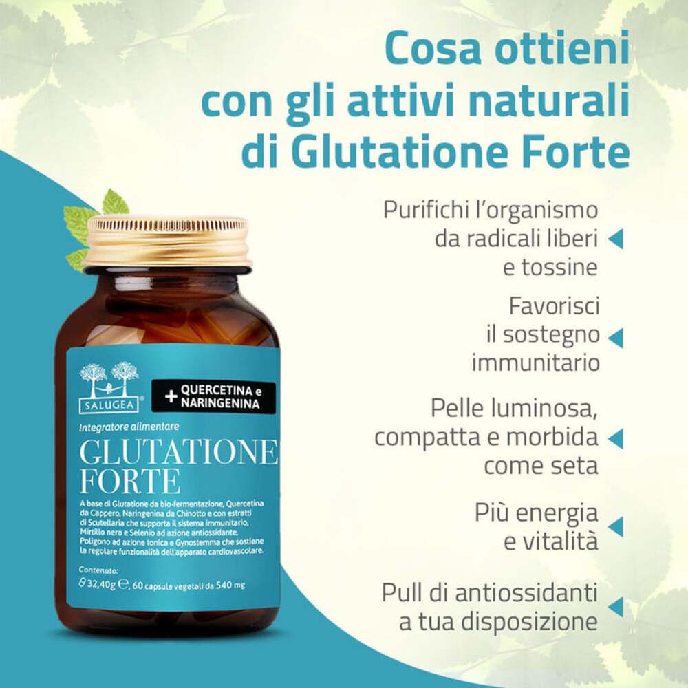 Flacon brun avec "Glutatione Forte". Texte : "Ce que vous obtenez avec les actifs naturels de Glutatione Forte".