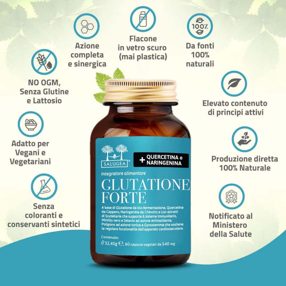 Flacon brun avec "Glutatione Forte". L'étiquette présente des symboles d'ingrédients et de caractéristiques.