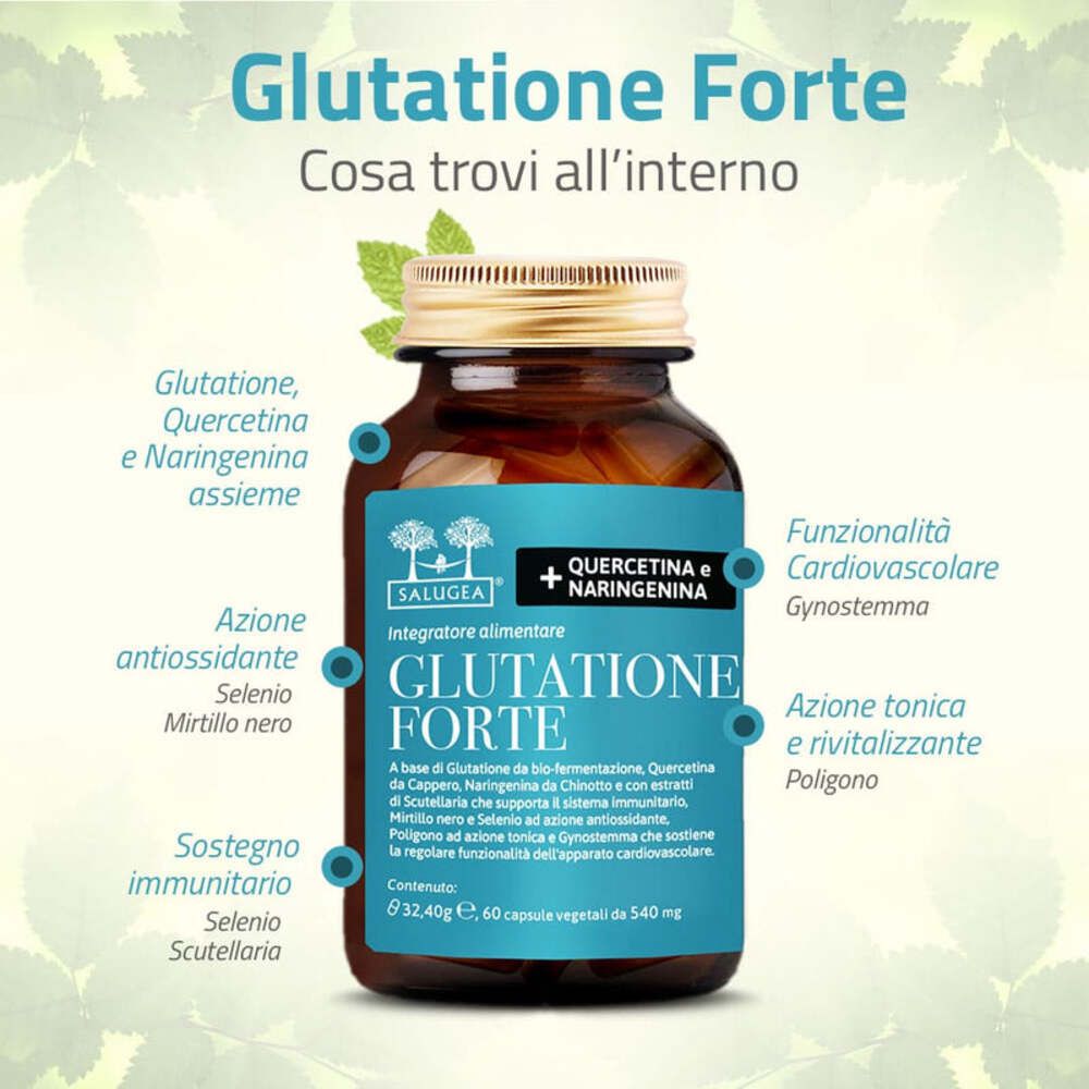 Flacon brun avec "Glutatione Forte". Texte : "Ce que vous trouvez à l'intérieur". Ingrédients listés sur l'étiquette.