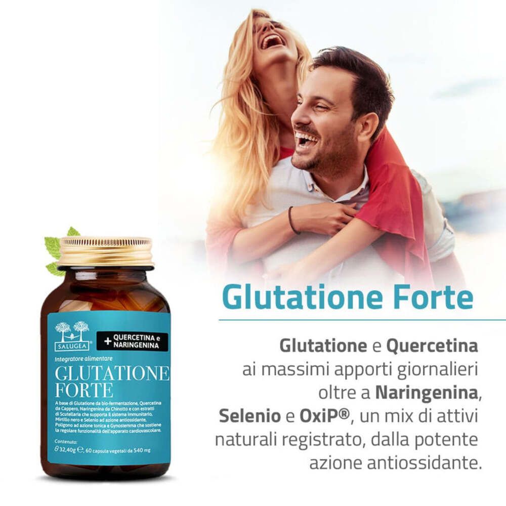 Couple souriant, flacon "Glutatione Forte" au premier plan. Texte : "Glutatione et Quercétine".