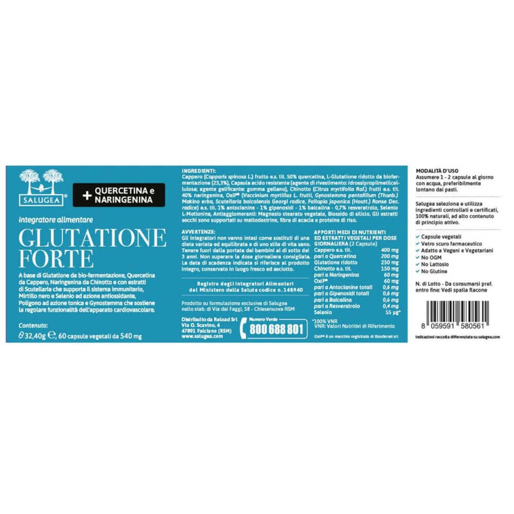 Étiquette avec ingrédients et instructions d'utilisation pour "Glutatione Forte".