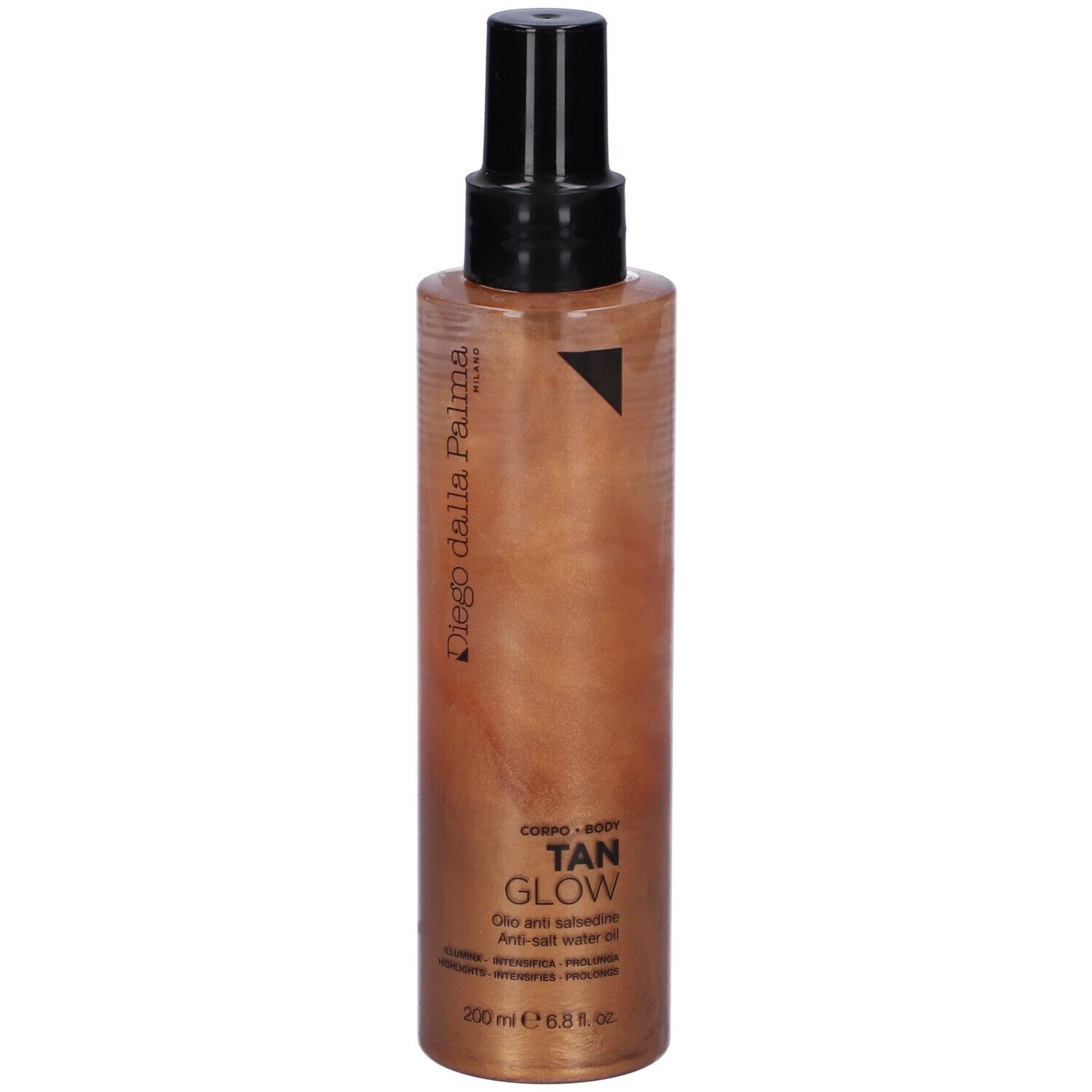 Flacone spray olio abbronzante. Olio dorato in flacone cilindrico con erogatore nero. Marchio visibile.