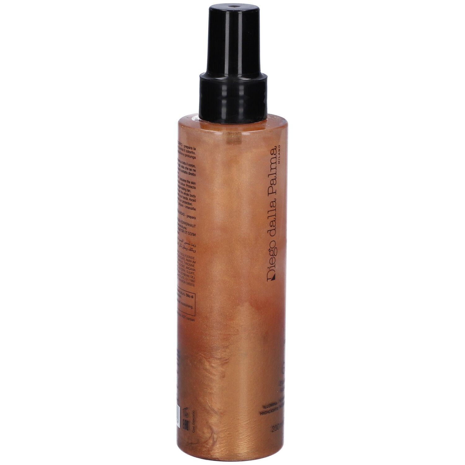 Vista posteriore del flacone spray olio abbronzante. Testo sul flacone, inclusi ingredienti e marchio.