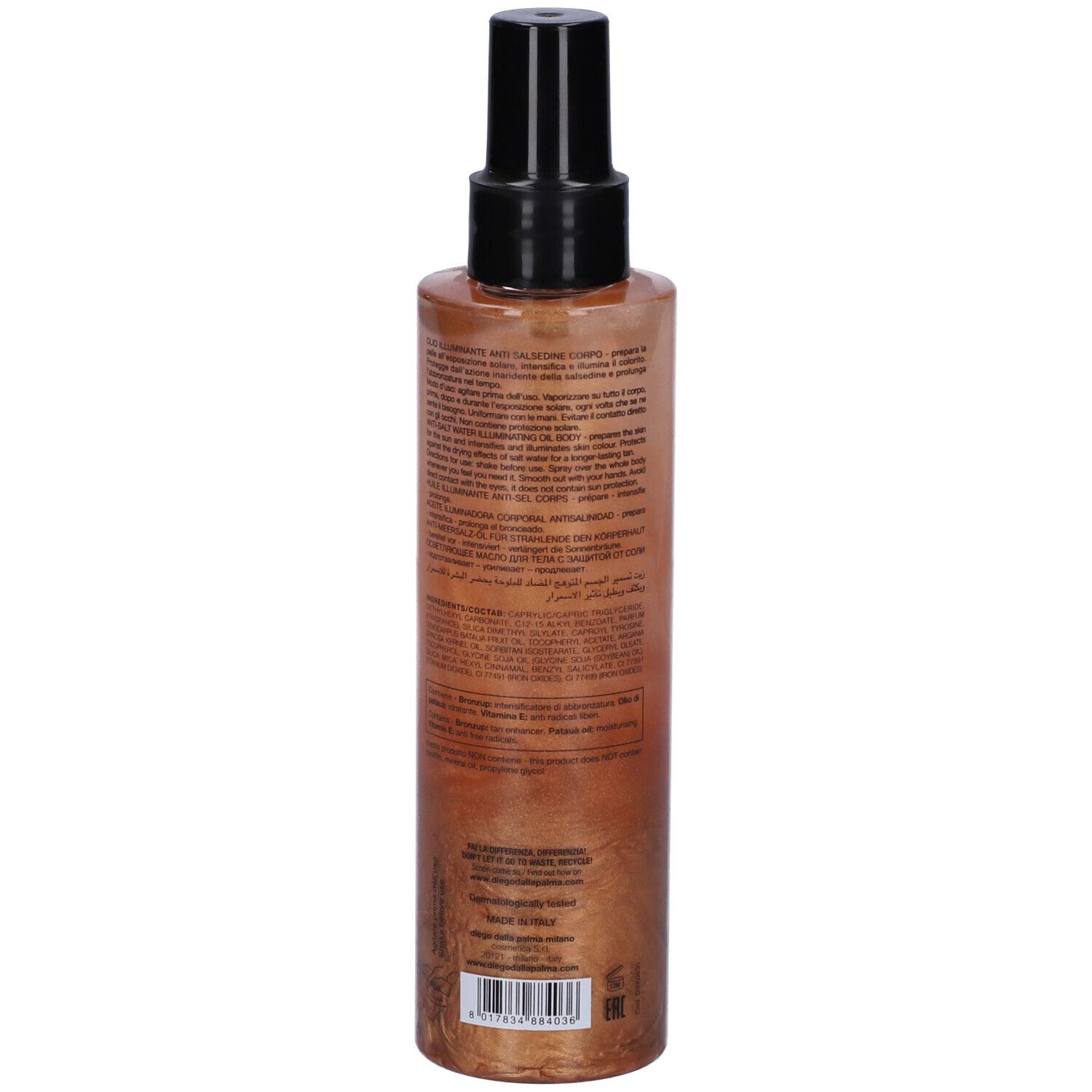 Vista posteriore del flacone spray olio abbronzante. Testo dettagliato con ingredienti e informazioni.