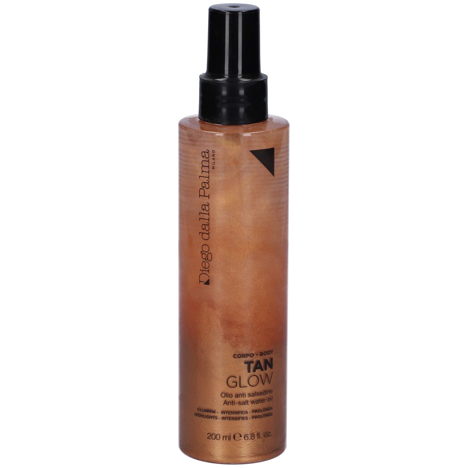 Flacone spray olio abbronzante. Olio dorato in flacone cilindrico con erogatore nero. Marchio visibile.